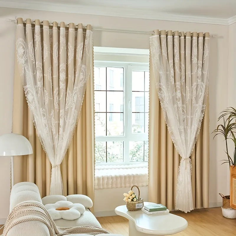 1pc Luxurious Blackout Fancy Lace Curtains - Double Layered, Light Blocking, Thermal Insulated, Elegant Home Decor for Bedroom, Living Room, and More - Easy to Install, Machine Washable, and Durable