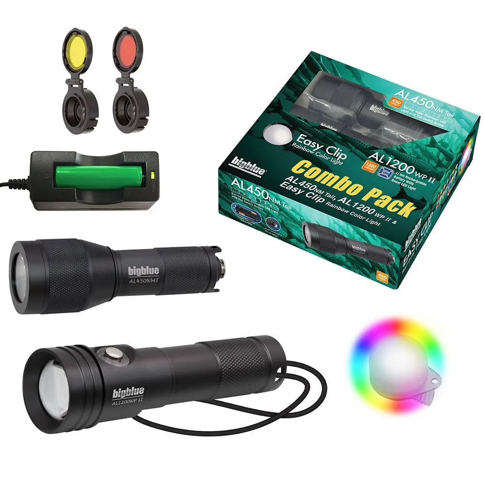 BigBlue AL450 Narrow & AL1200WP-II Dive Lights with Rainbow Clip Combo Pack