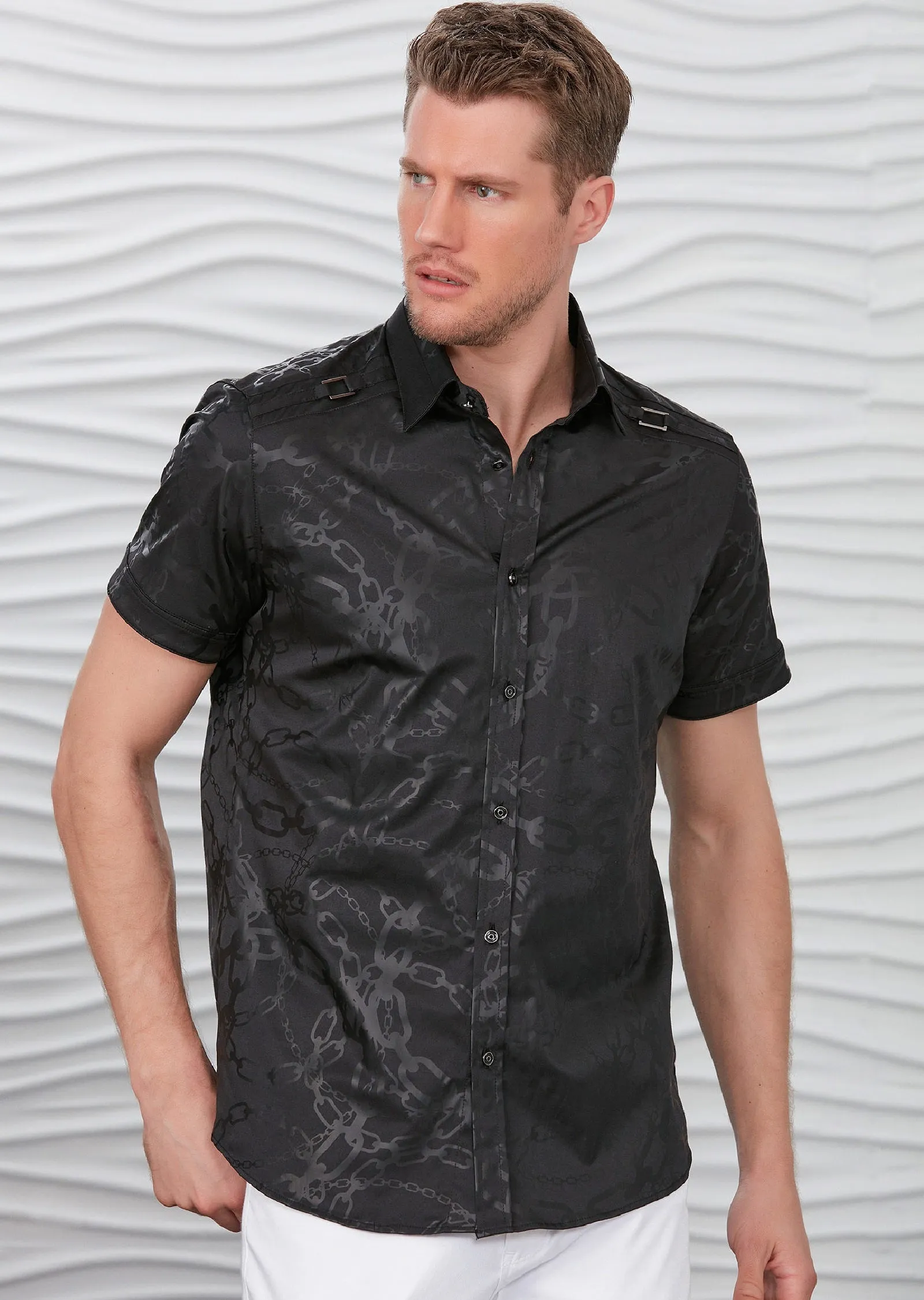 Black Chain Print Short Sleeve Shirt