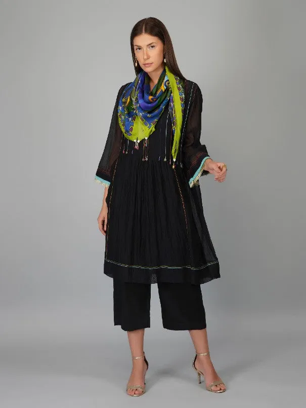 Black Contrast Thread Work Chanderi Pleated Tunic Set (Set of 3)