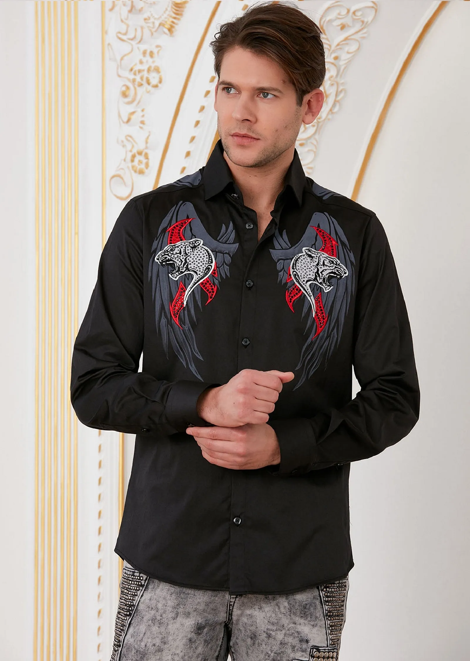 Black Cougar Rhinestone & Embroidered Shirt