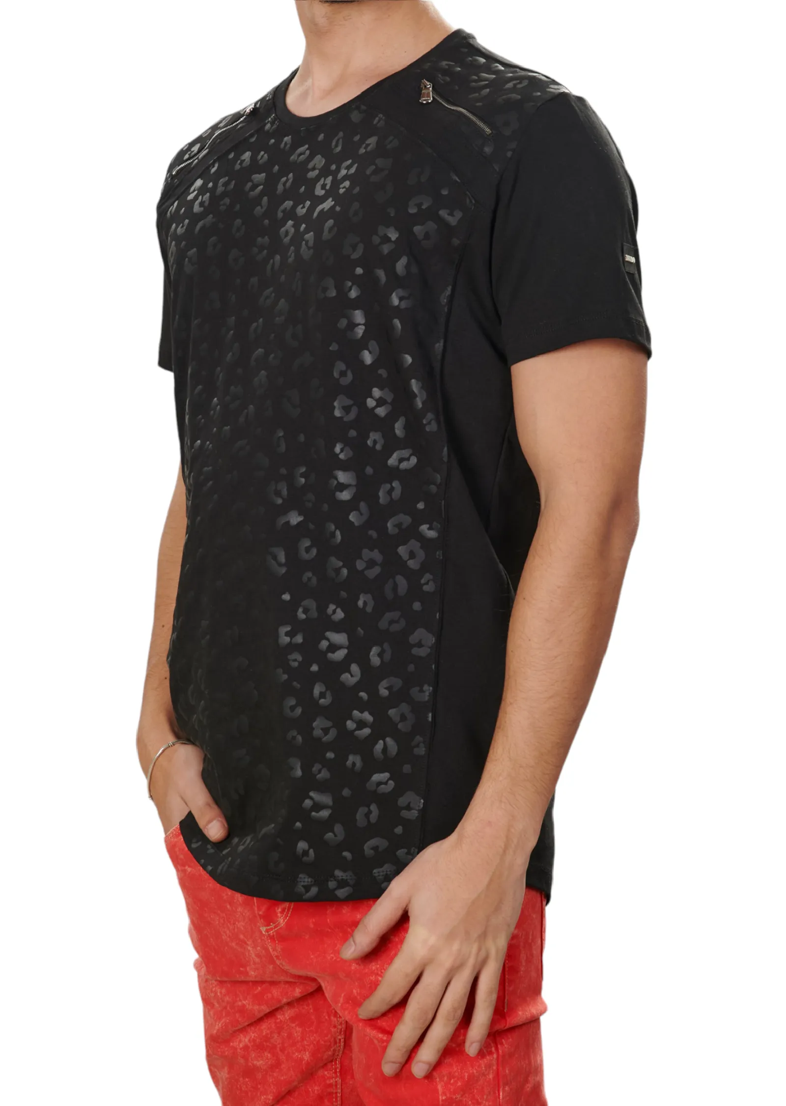 Black Leopard Print Zipper Tee