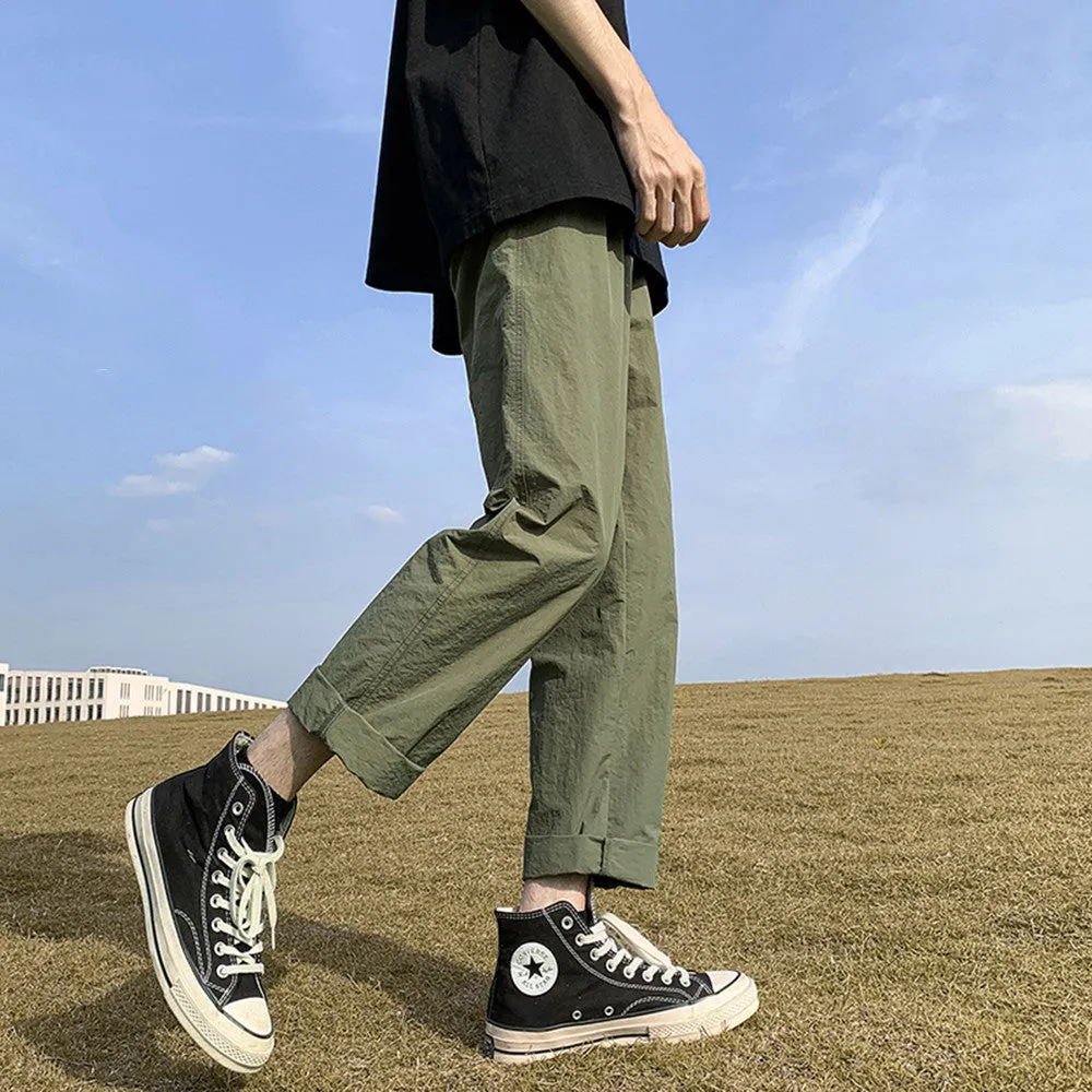 Bonsir boy outfits Cropped Pants Men's Summer Thin Quick-Drying Japanese Retro Trendy Youth Loose Straight Casual Trousers