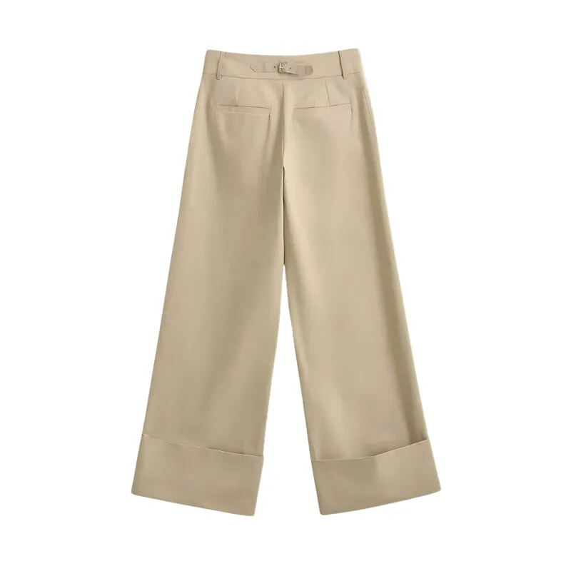 Classic Beige High-Waisted Adjustable Wide-Leg Trousers