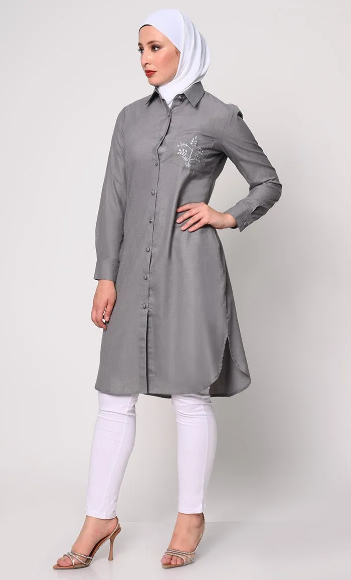 Classic Grey Shirt Tunic with Pocket Embroidery