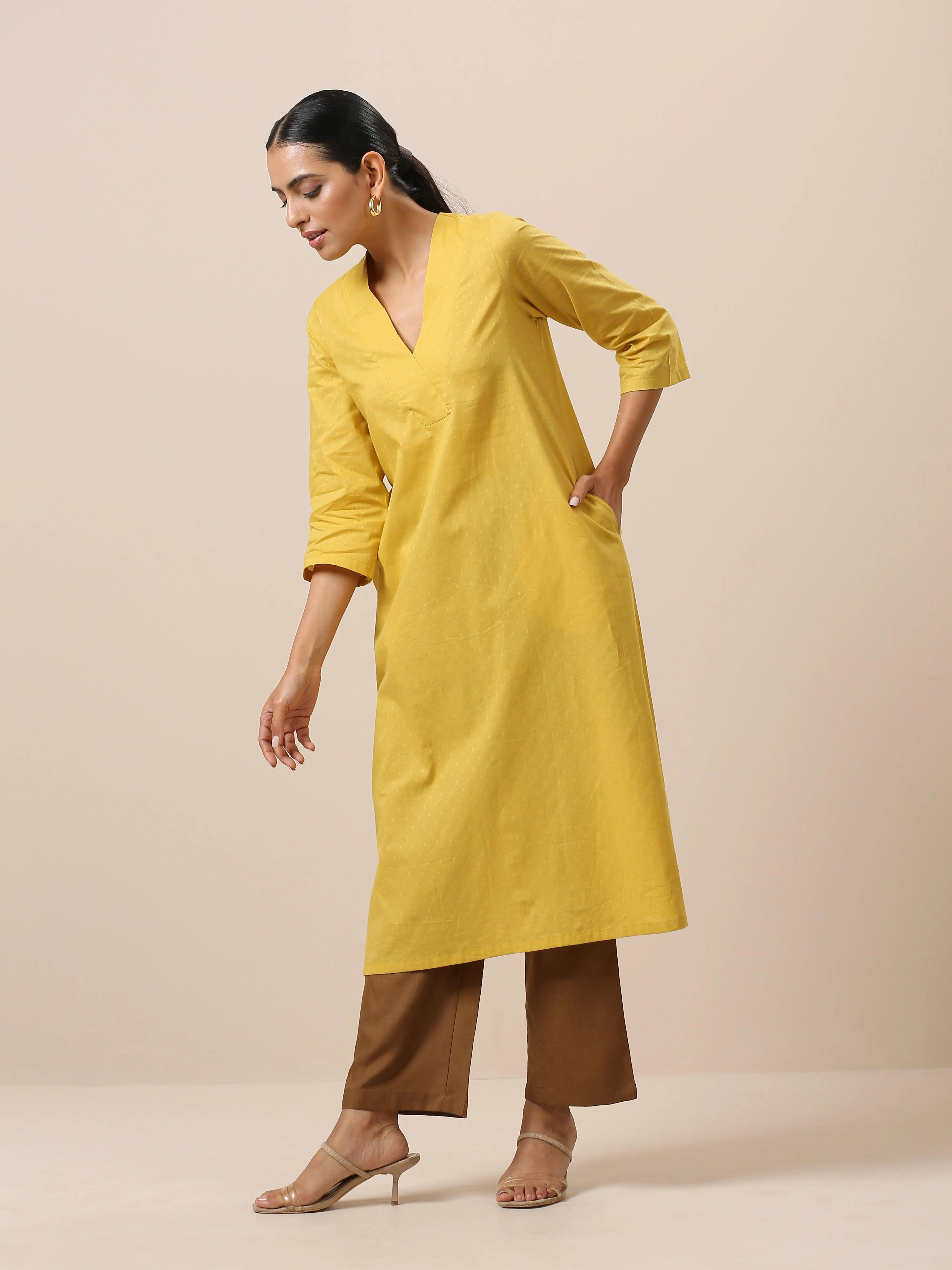 Cotton Dobby Yellow Kurta Pant Set