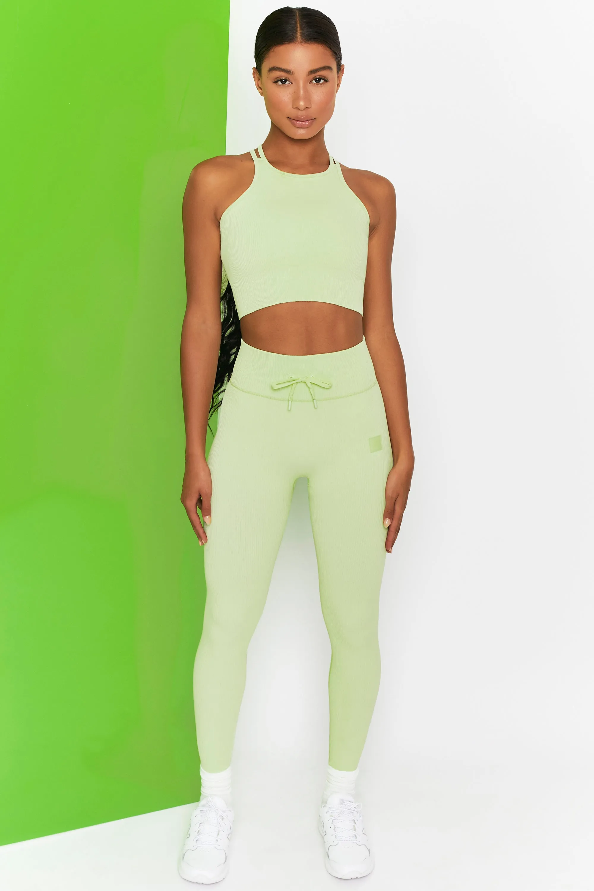 Energise Ribbed Tie Front Full Length Leggings in Lime