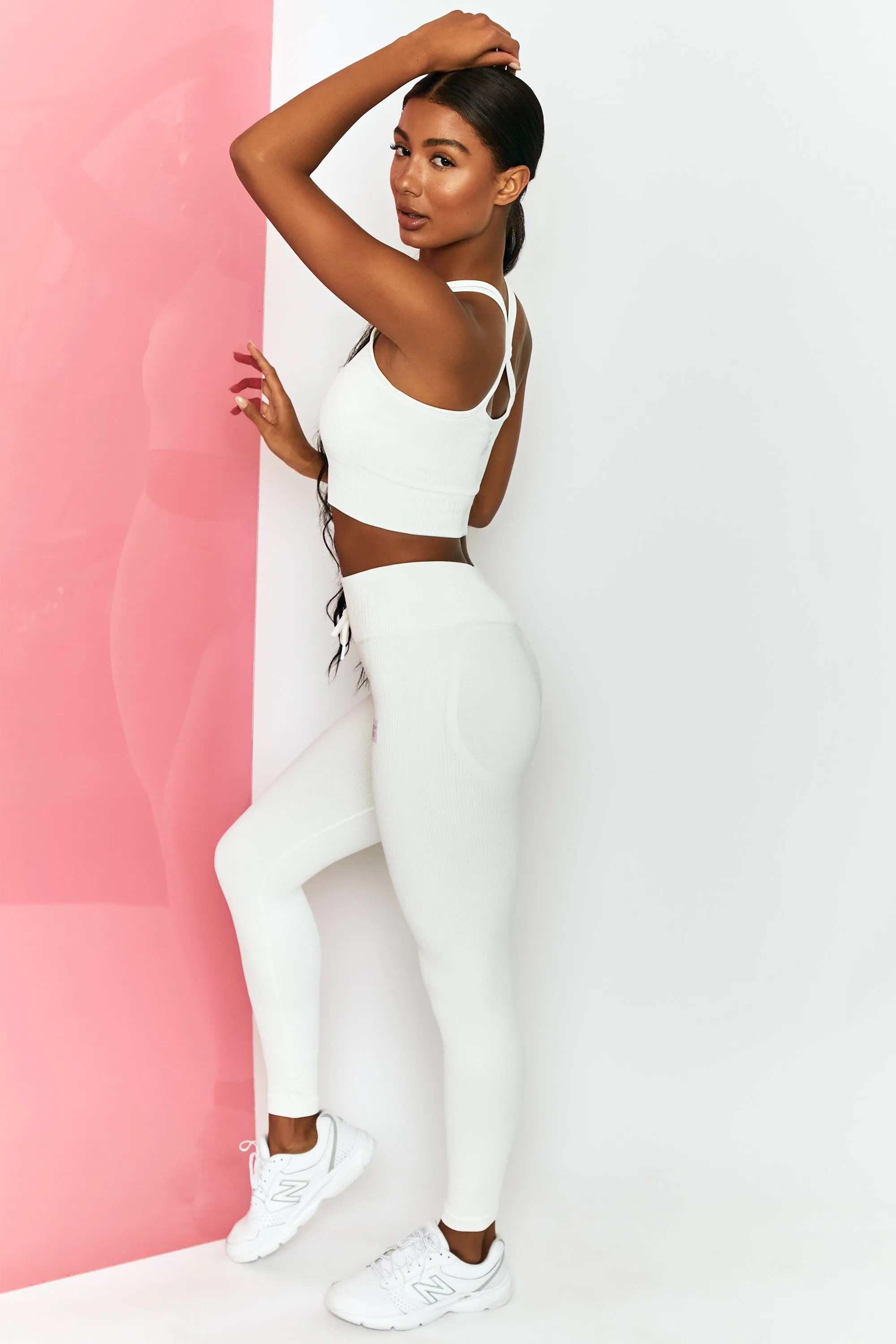 Energise Ribbed Tie Front Full Length Leggings in White