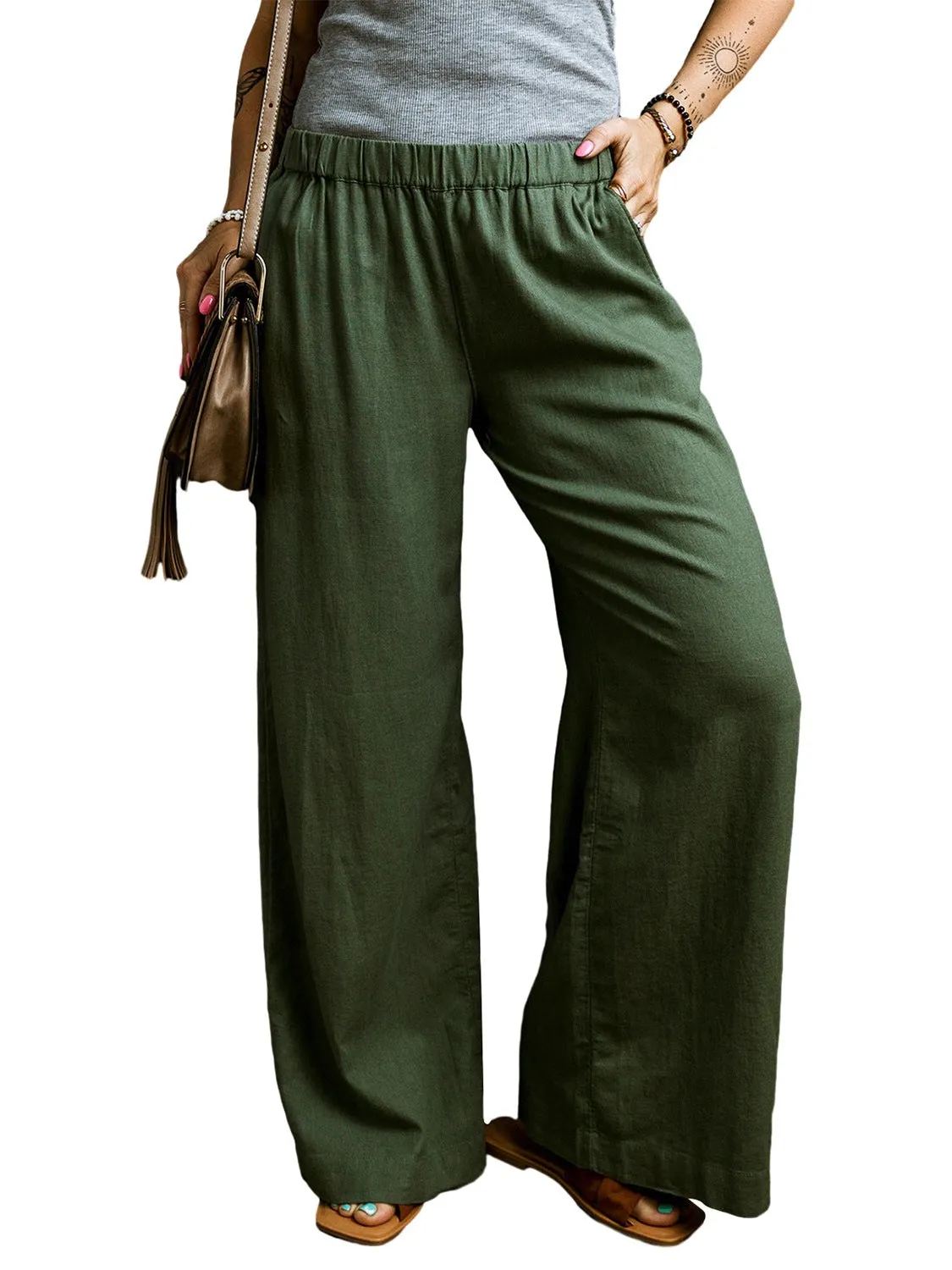 Fern Green Elastic Waist Plain Wide Leg Pants