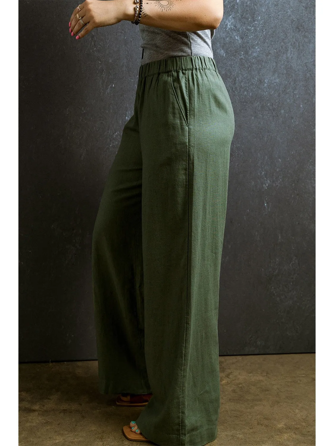 Fern Green Elastic Waist Plain Wide Leg Pants