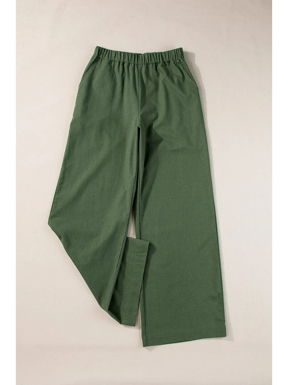 Fern Green Elastic Waist Plain Wide Leg Pants