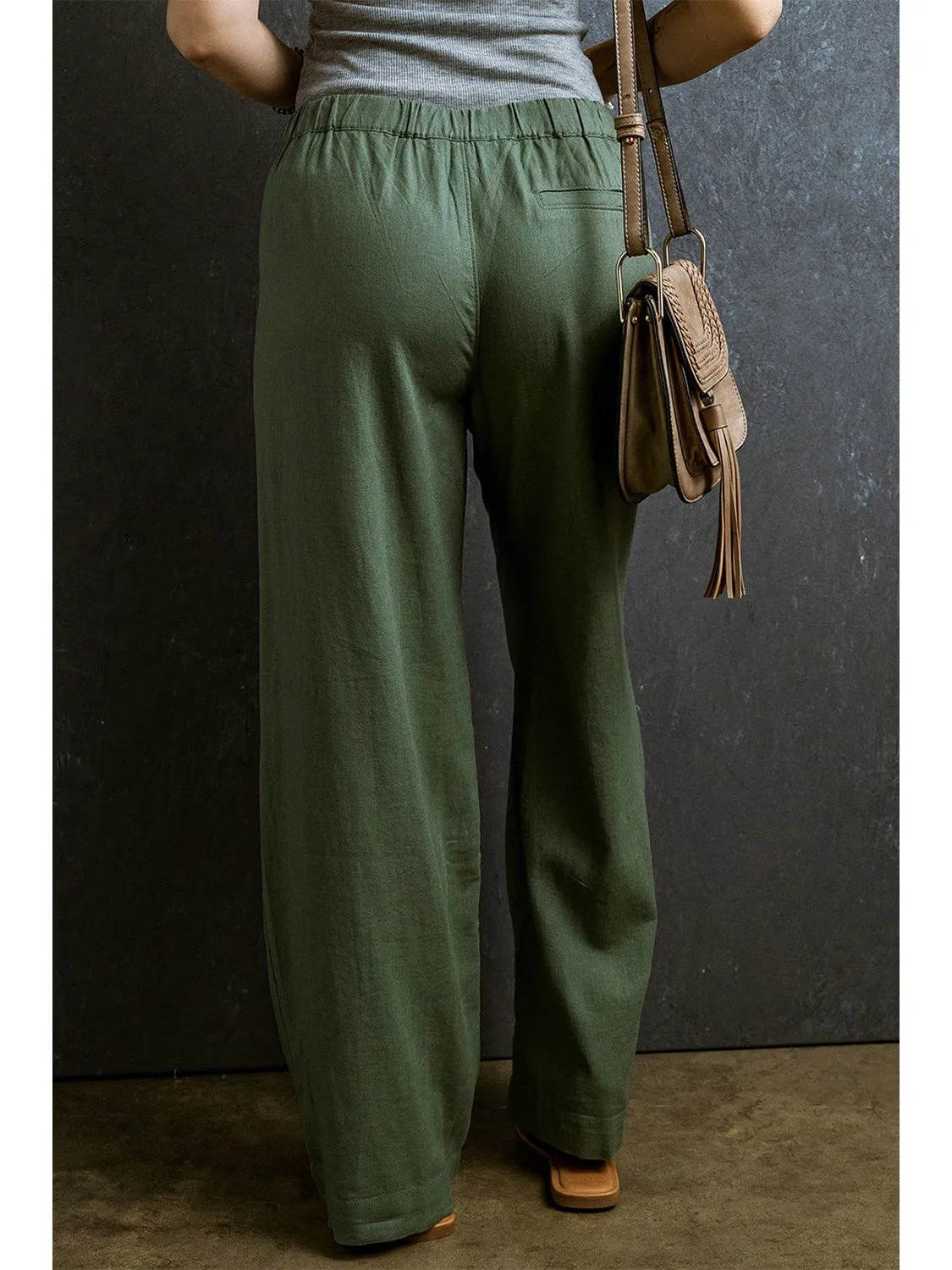 Fern Green Elastic Waist Plain Wide Leg Pants