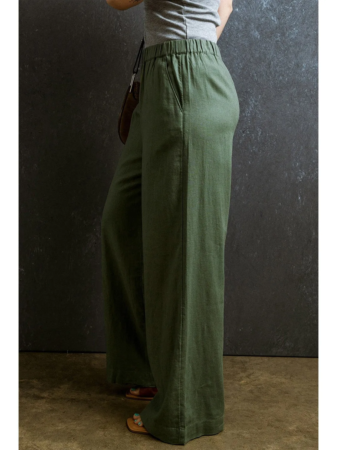 Fern Green Elastic Waist Plain Wide Leg Pants