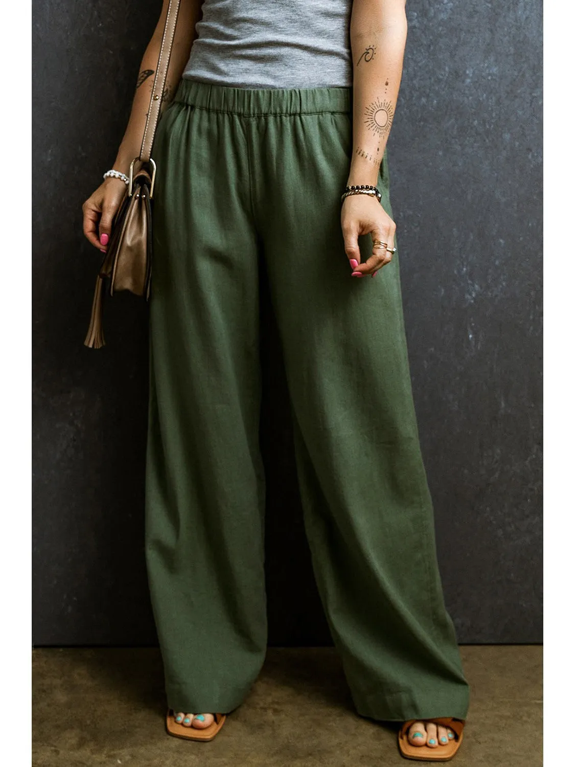 Fern Green Elastic Waist Plain Wide Leg Pants