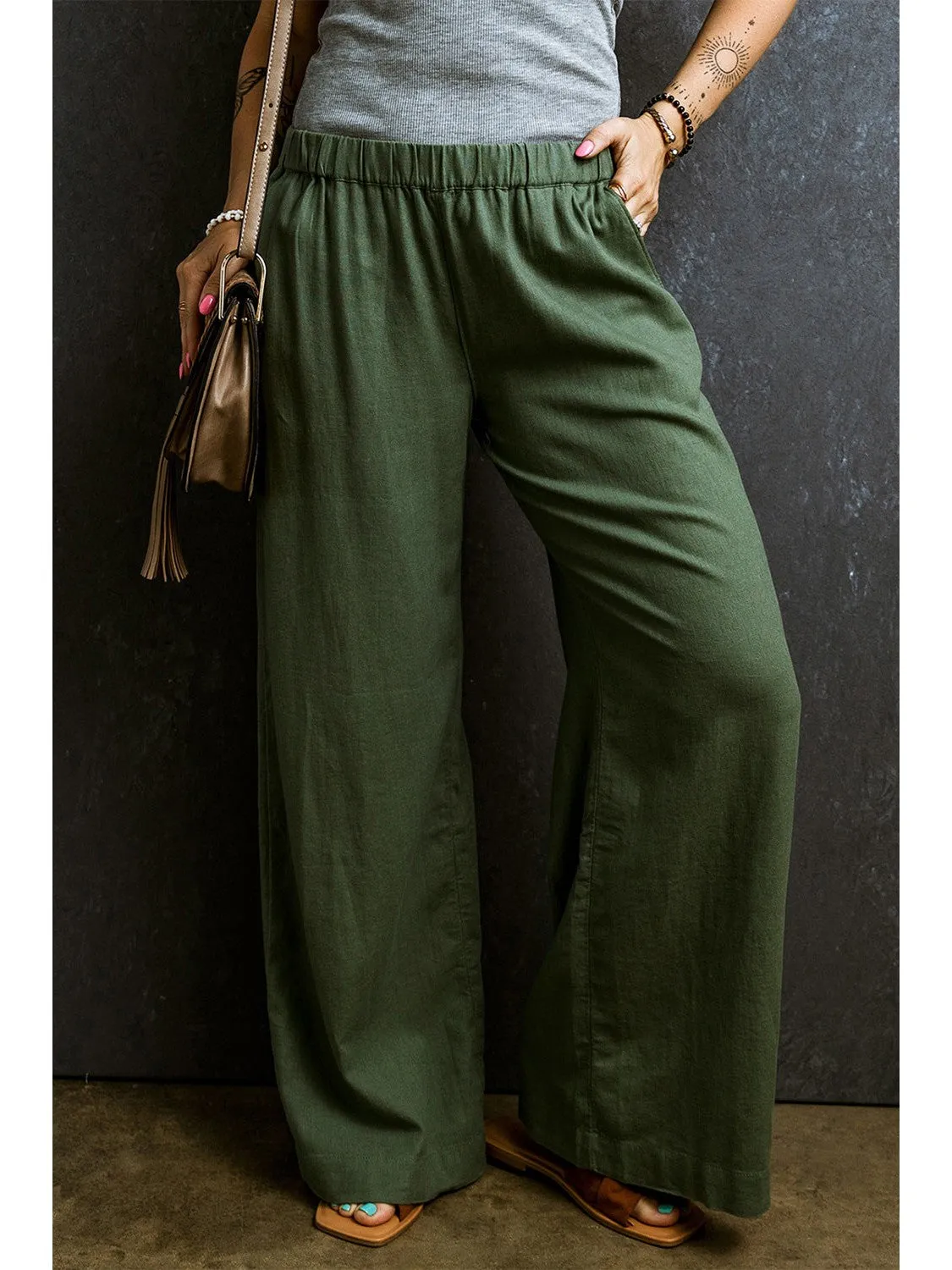 Fern Green Elastic Waist Plain Wide Leg Pants