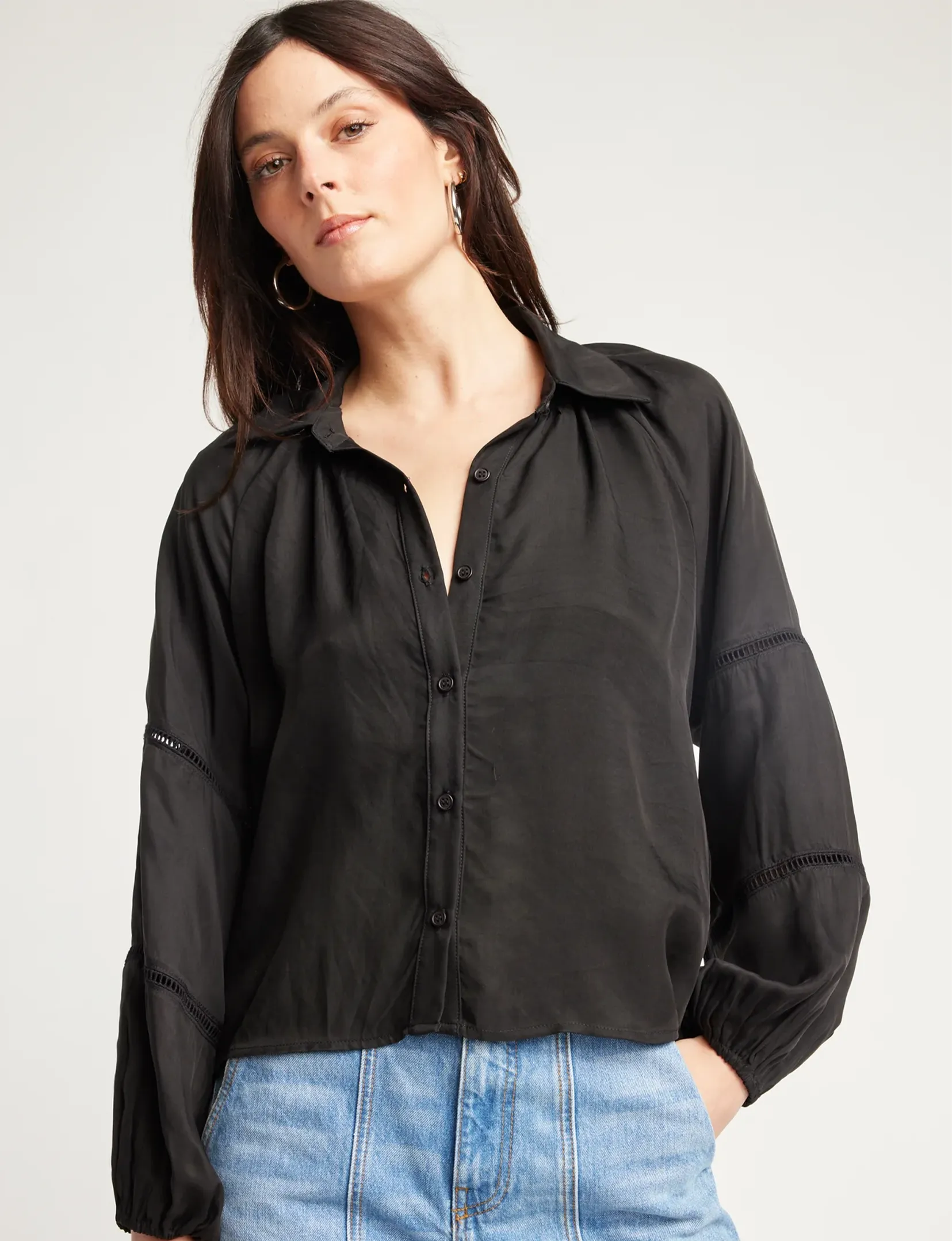 Hadley Ladder Sleeve Blouse, Black Cupro