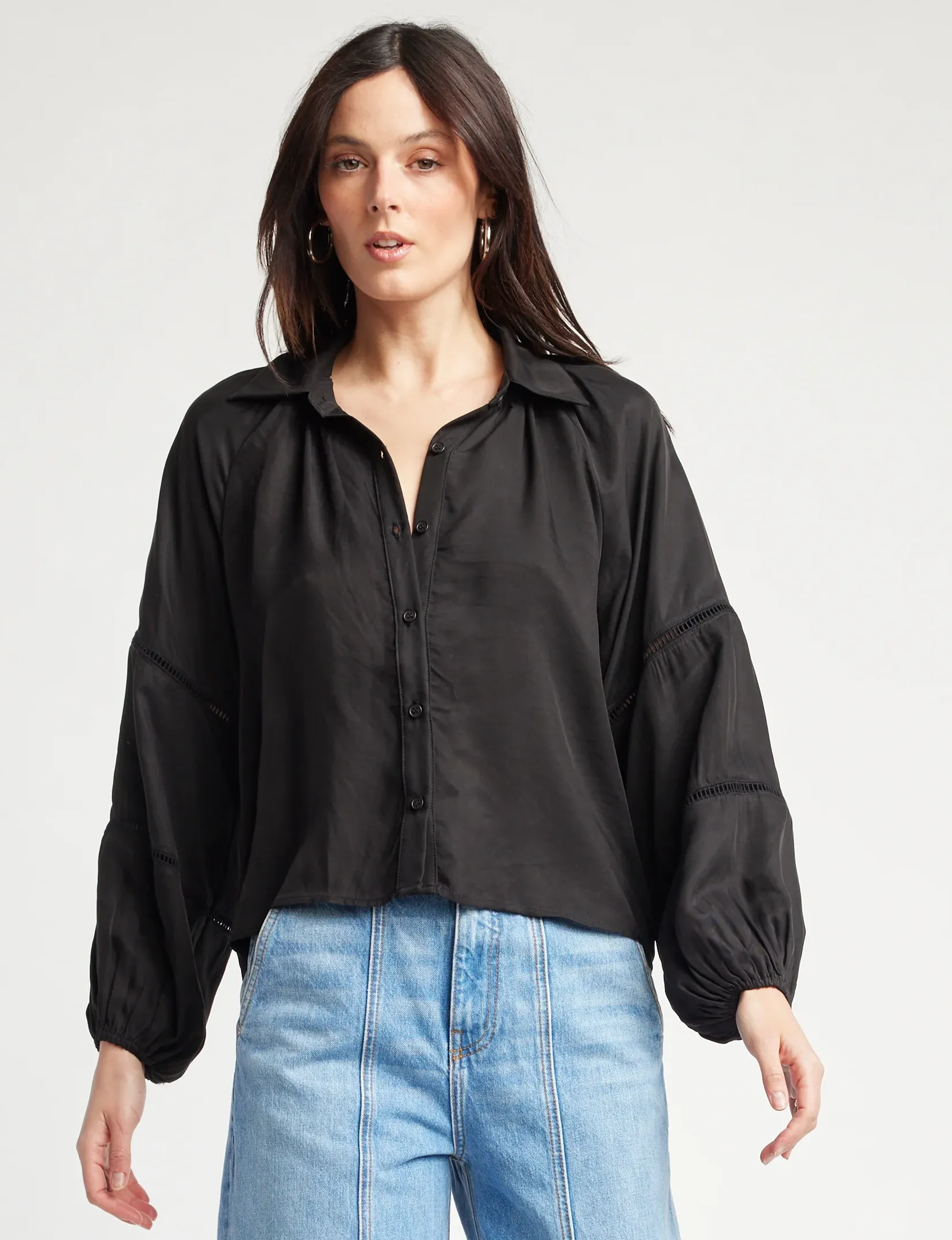 Hadley Ladder Sleeve Blouse, Black Cupro