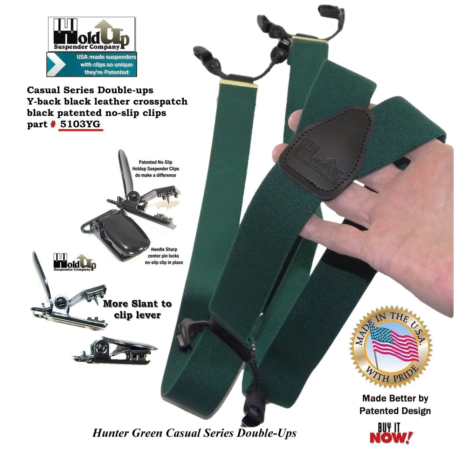 Holdup Brand Dark Hunter Green Dual Clip Double-Up Style Suspenders with Y-Back crosspatch and Patented no-slip clips