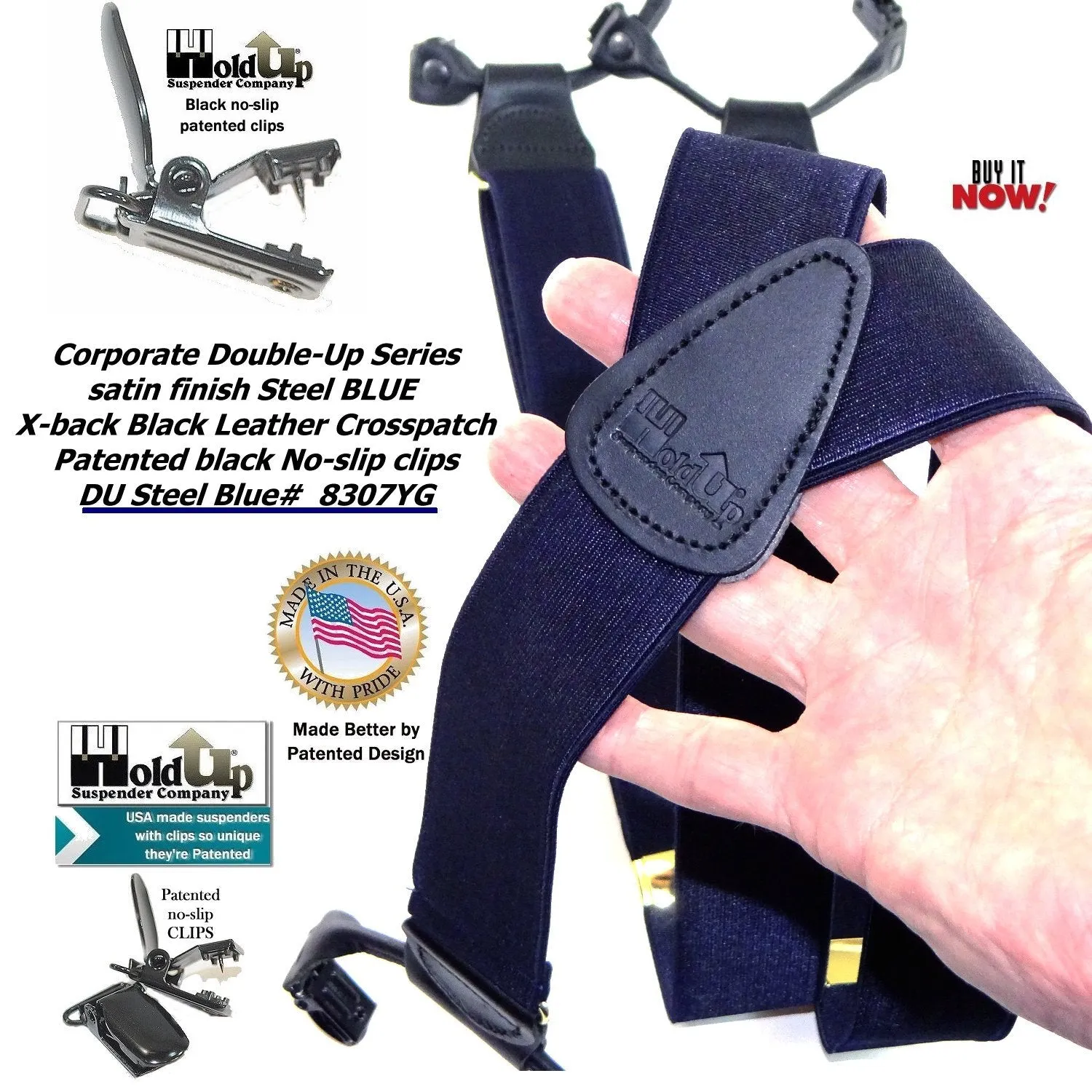 HoldUp Brand Dark Steel Blue Satin Finished Corporate Series Y-back Suspenders in Dual clip Double-Up style