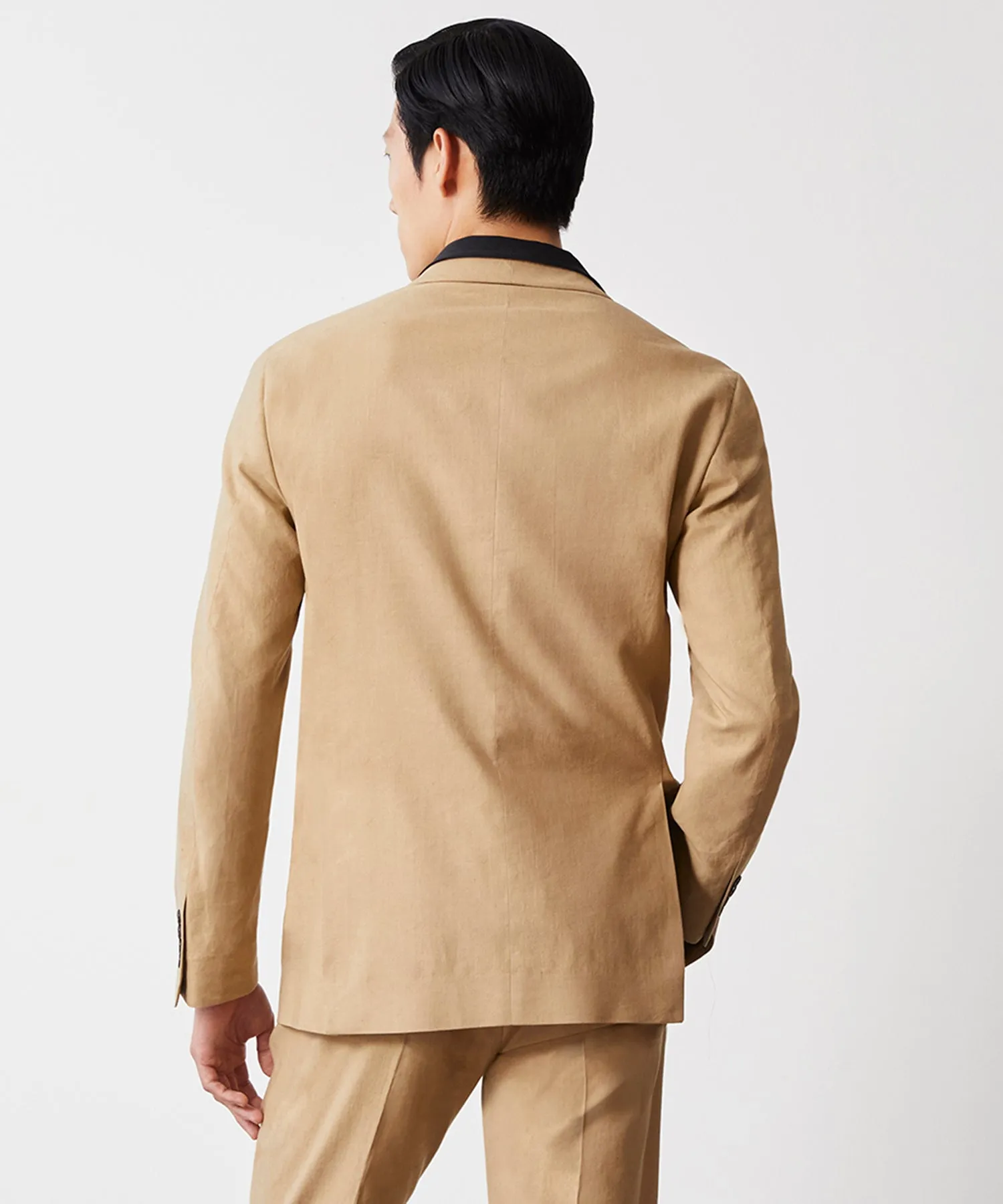 Italian Cotton Silk Double Breasted Shawl Tuxedo Jacket in Sand