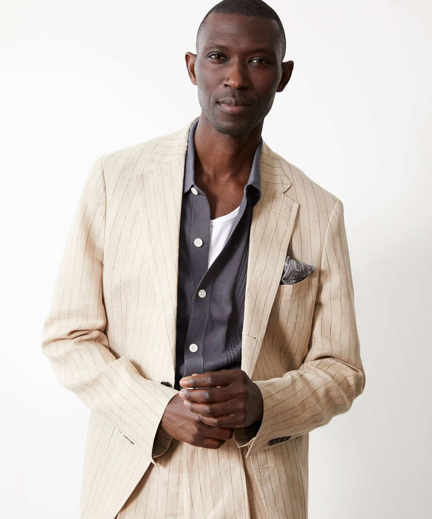 Italian Linen Madison Jacket in Ecru Stripe