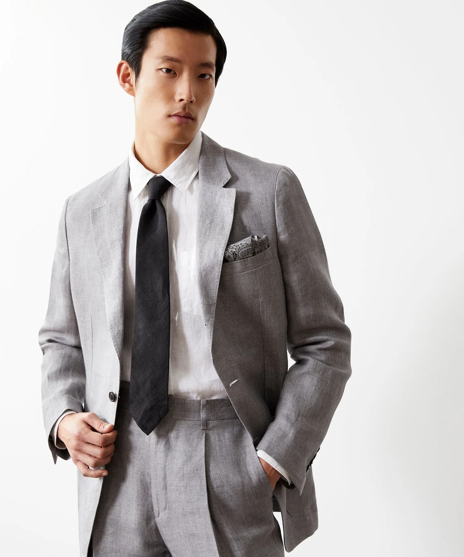 Italian Linen Madison Jacket in Light Grey Herringbone