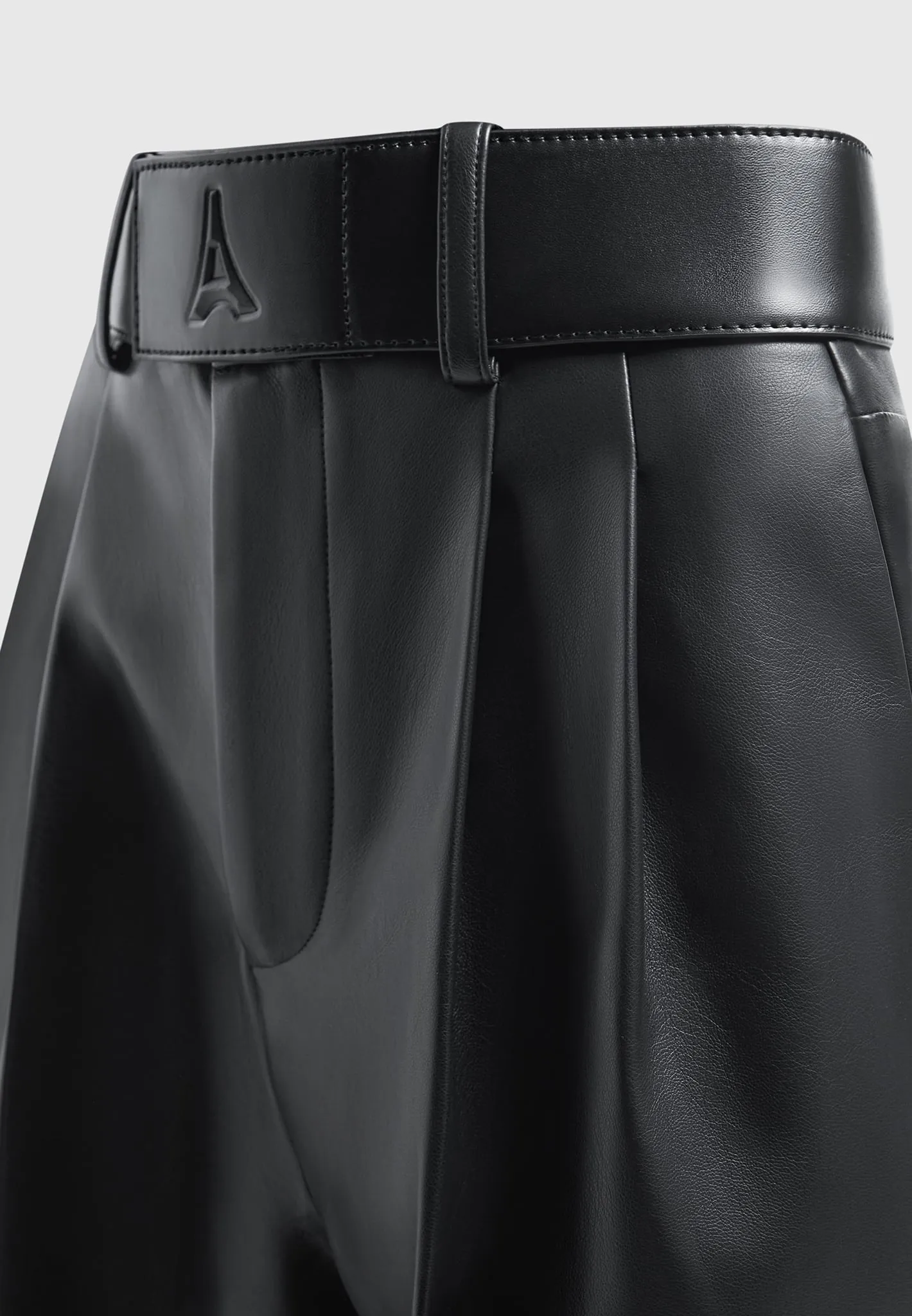 Leather Pleated Trousers with Eiffel Belt - Black