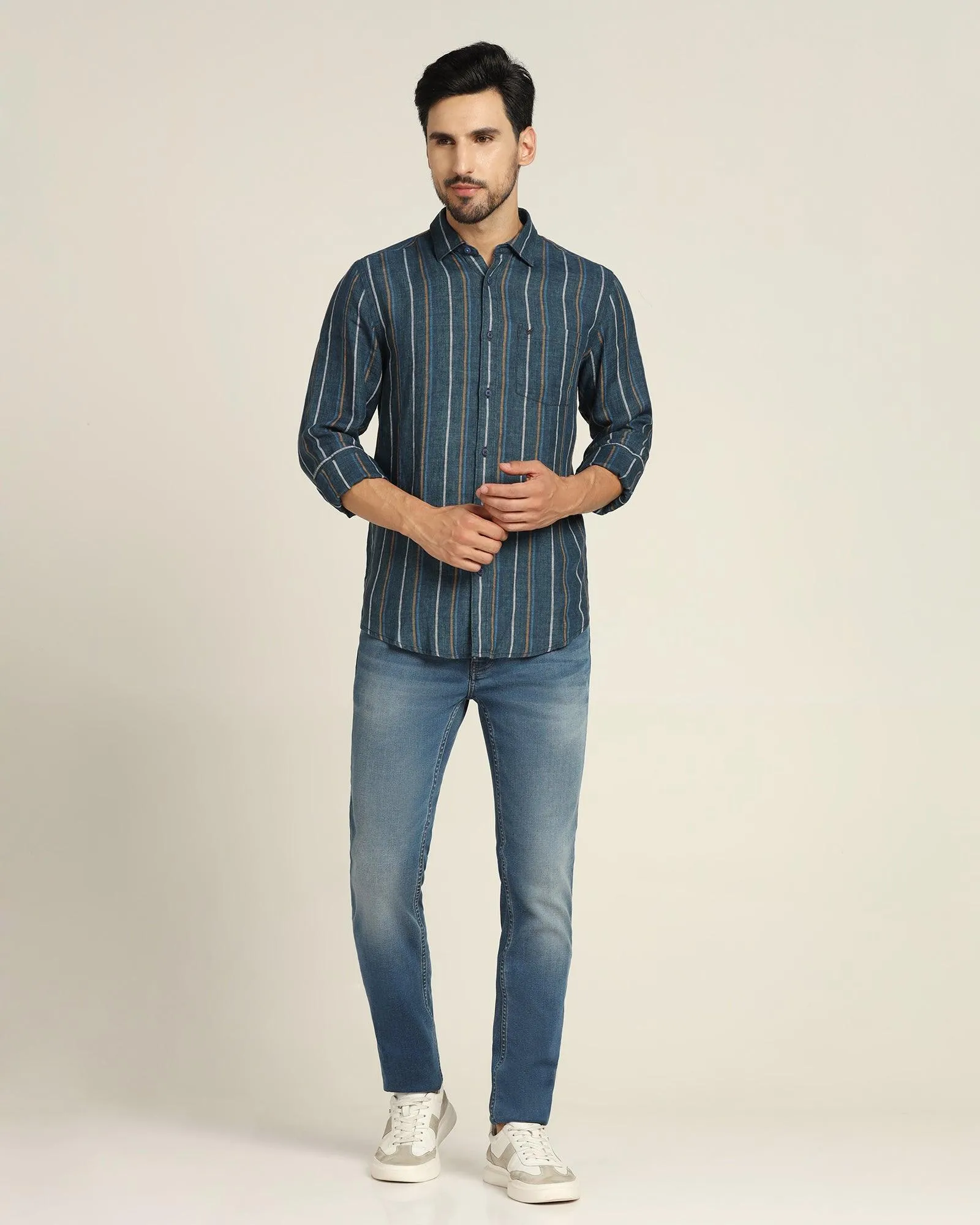 Linen Casual Navy Striped Shirt - Jade