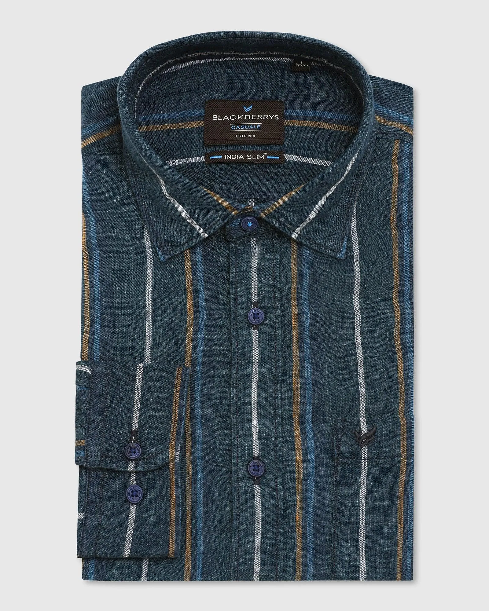 Linen Casual Navy Striped Shirt - Jade