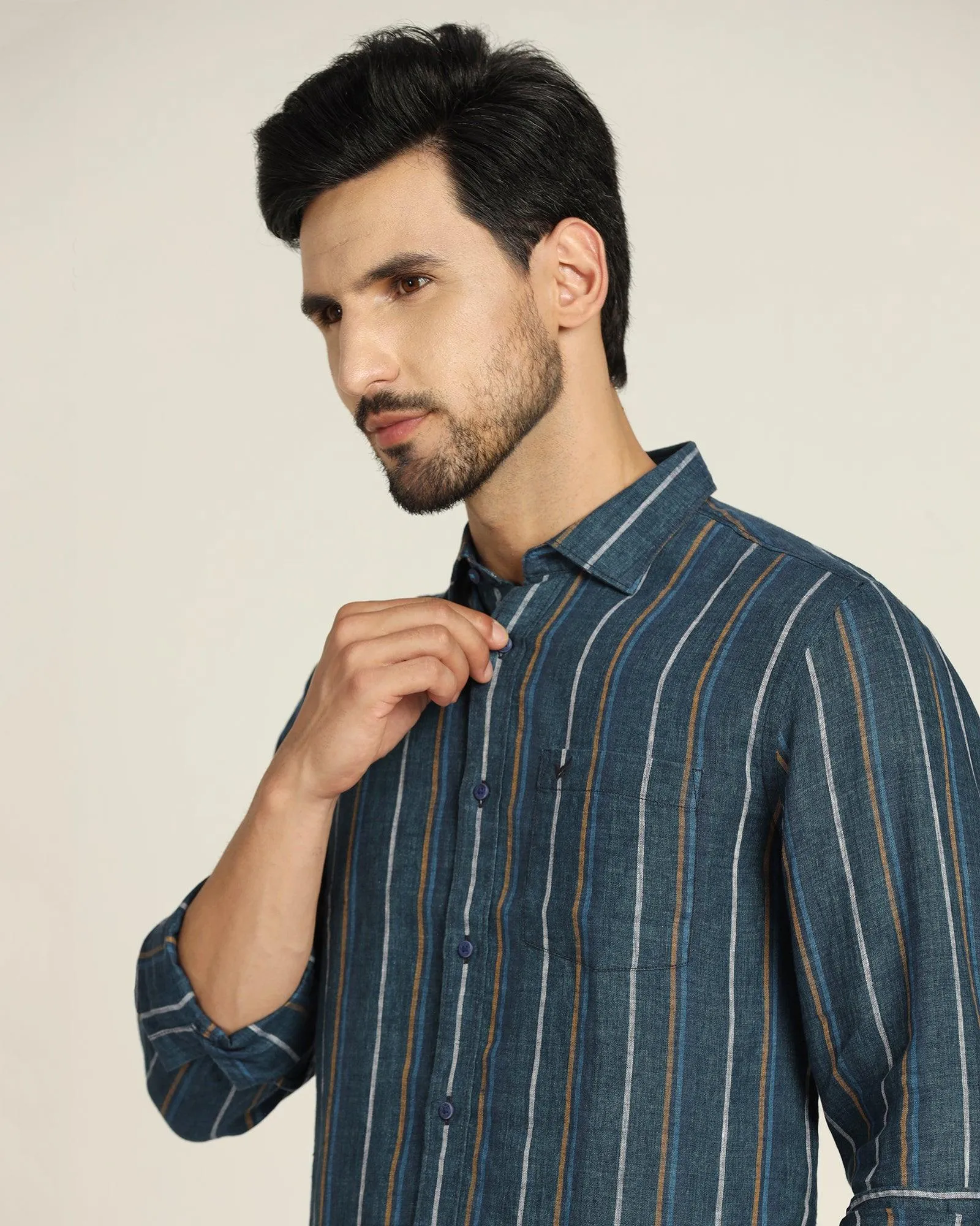 Linen Casual Navy Striped Shirt - Jade