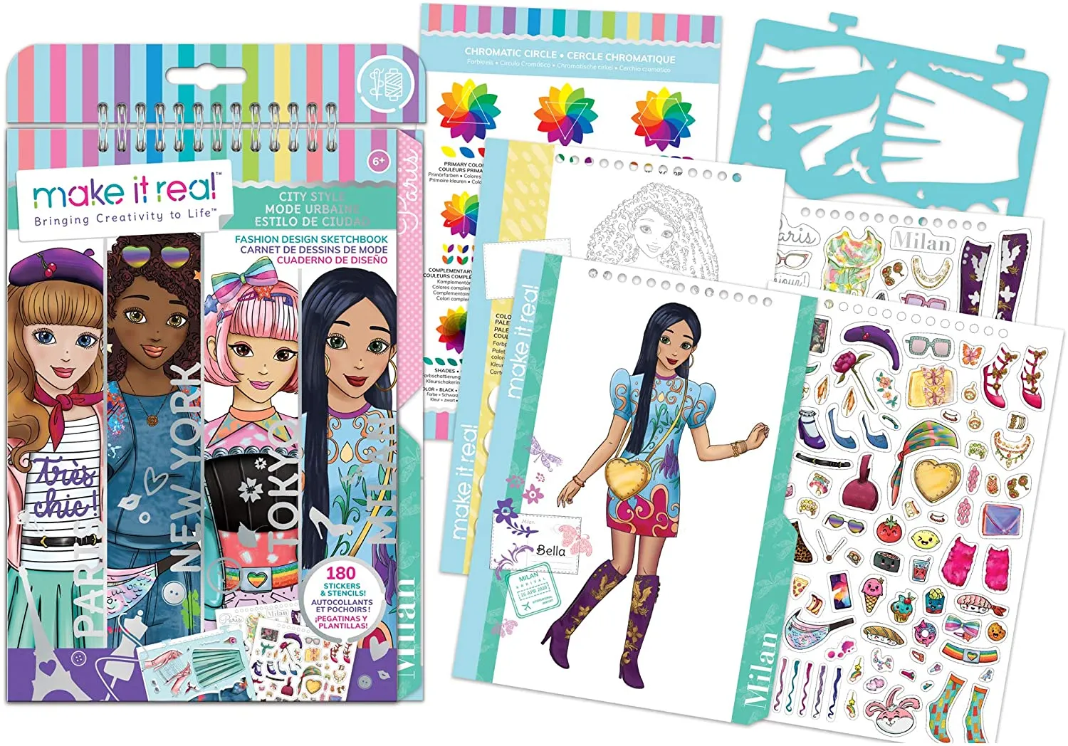 Make It Real – Fashion Design Sketchbook: City Style - Inspirational Fashion Design Coloring Book for Girls - Includes Sketchbook, Stencils, Stickers