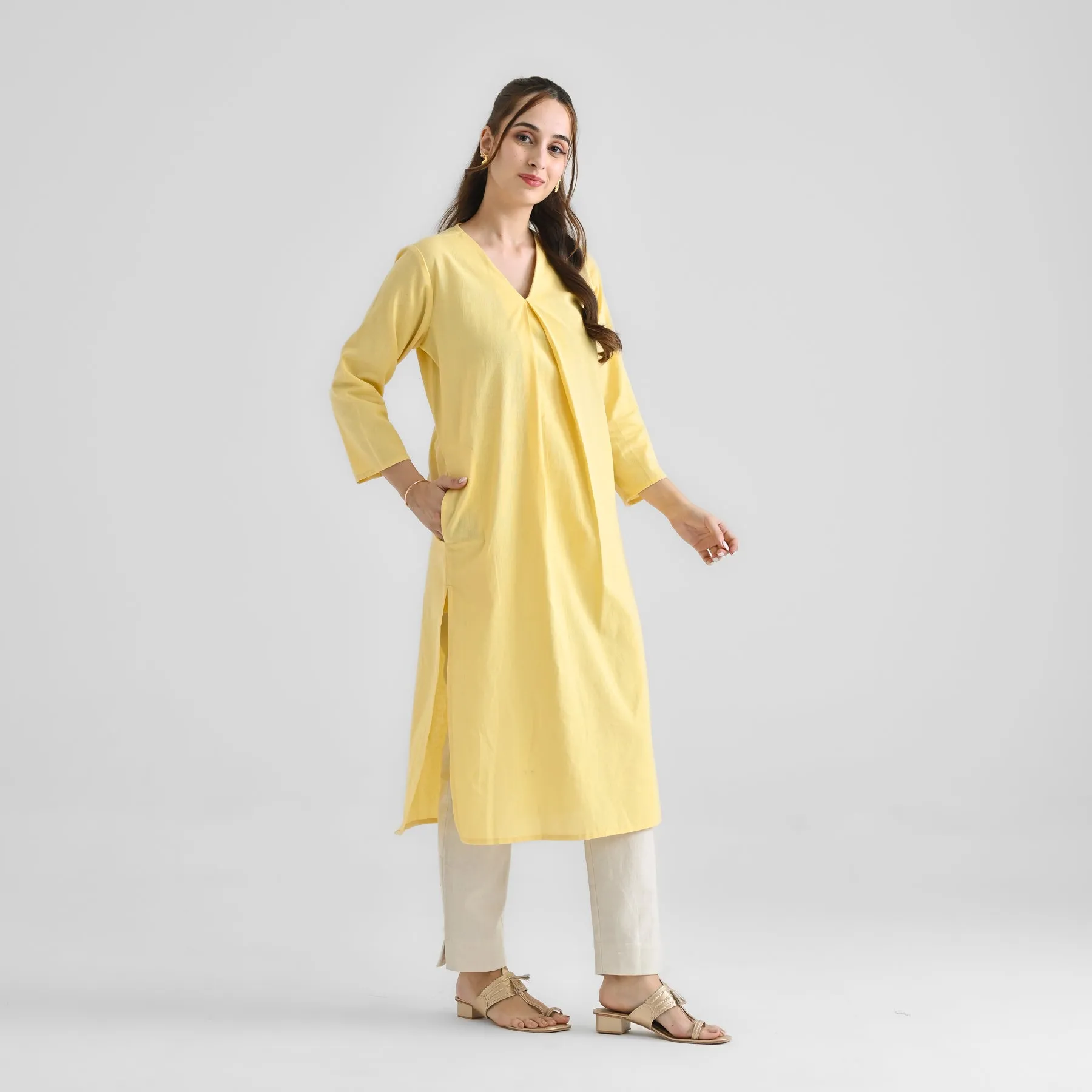 Mango Yellow Linen Cotton Kurta with Inverted Pleat Detail