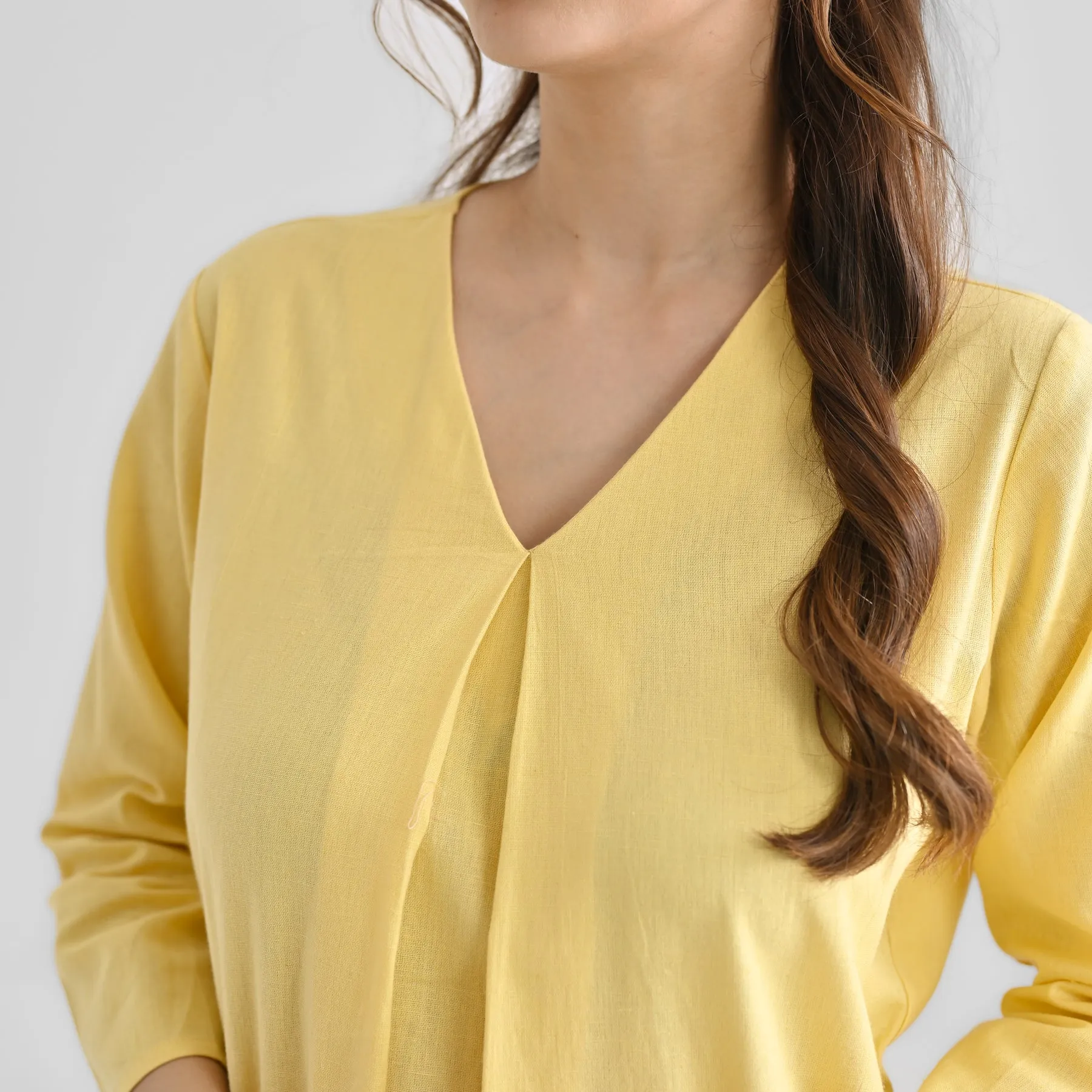 Mango Yellow Linen Cotton Kurta with Inverted Pleat Detail