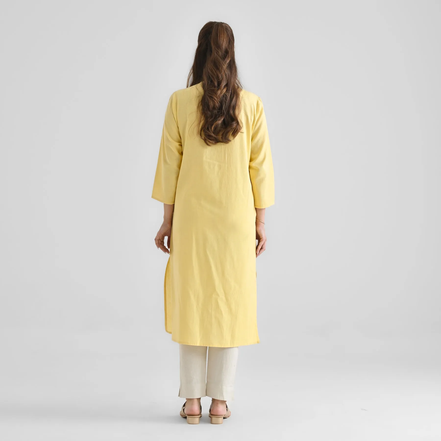 Mango Yellow Linen Cotton Kurta with Inverted Pleat Detail