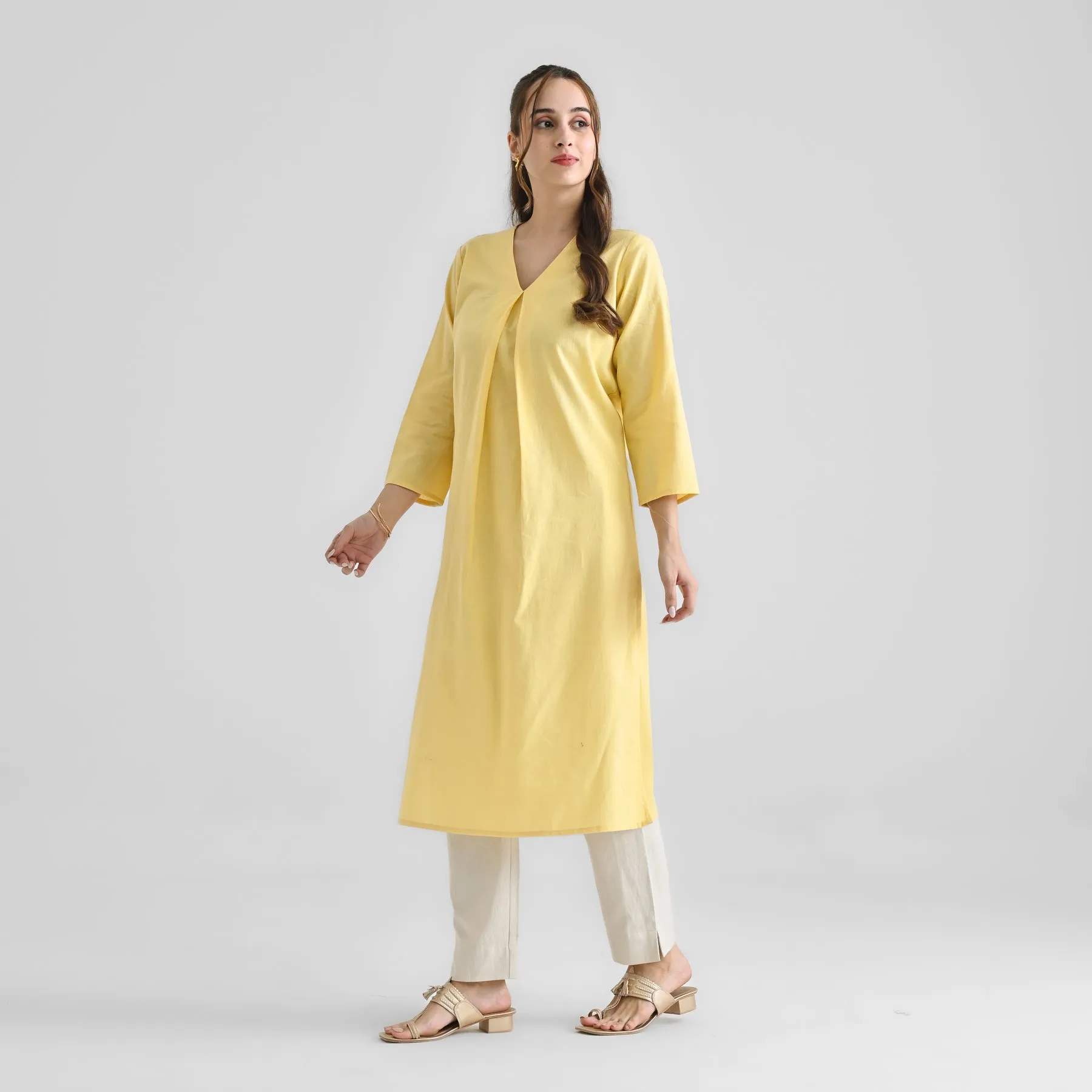 Mango Yellow Linen Cotton Kurta with Inverted Pleat Detail