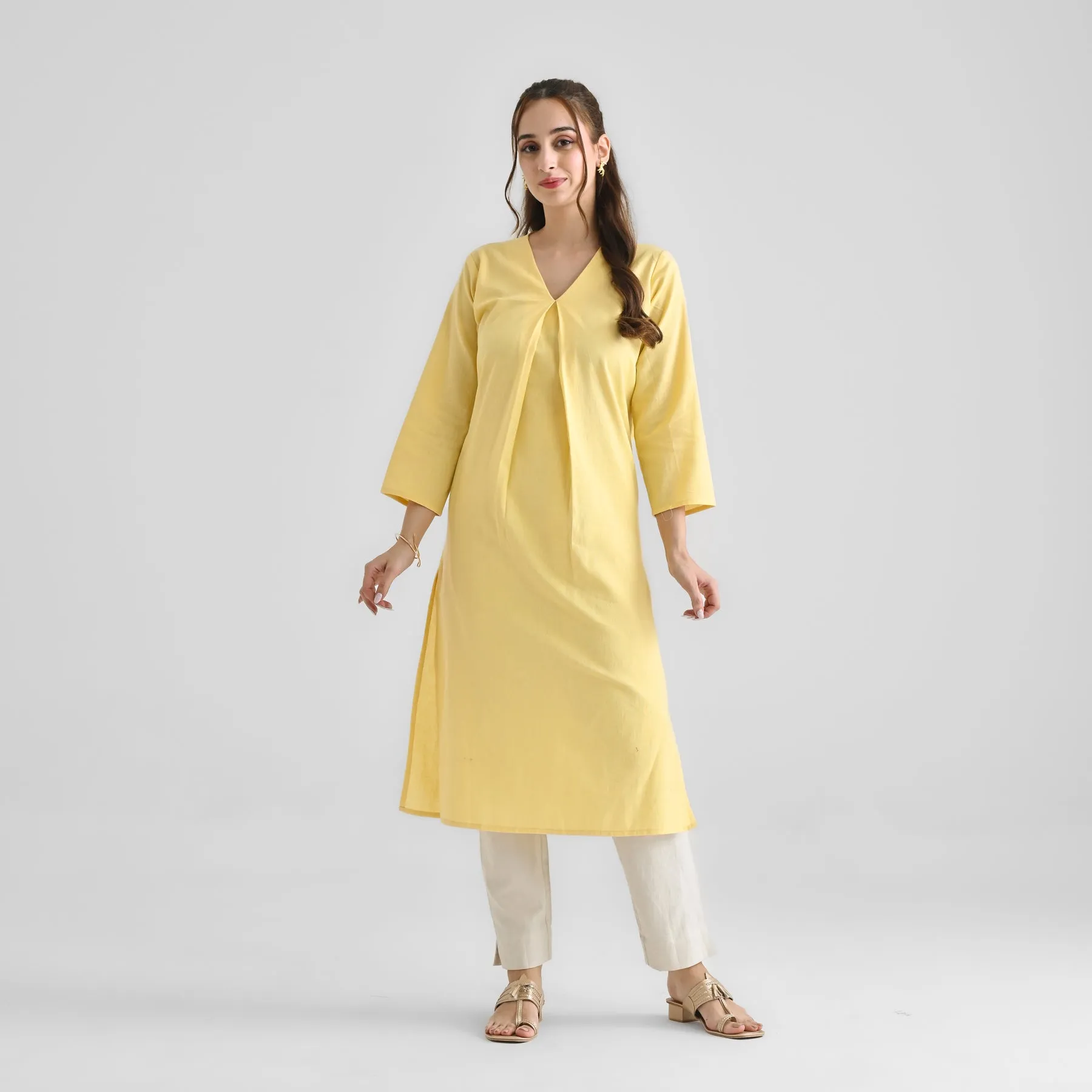 Mango Yellow Linen Cotton Kurta with Inverted Pleat Detail