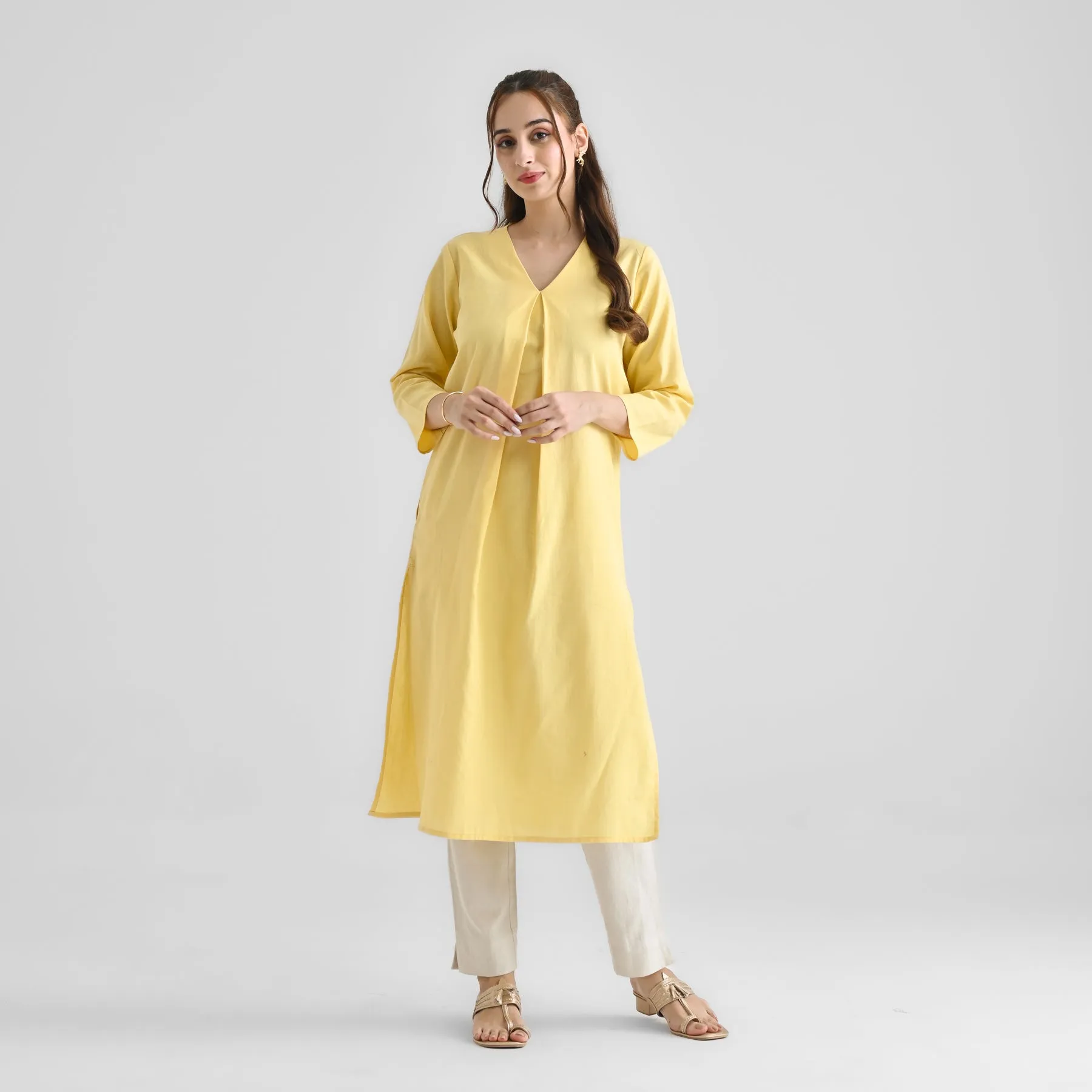 Mango Yellow Linen Cotton Kurta with Inverted Pleat Detail