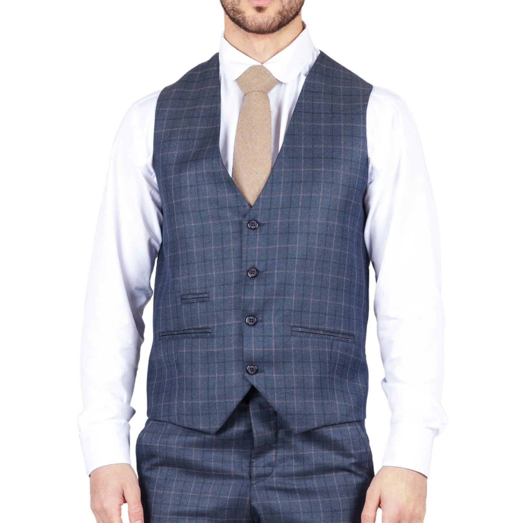 Men's Blue Suit Prince Of Wales Check Tailored Fit 3 Piece Formal Dress