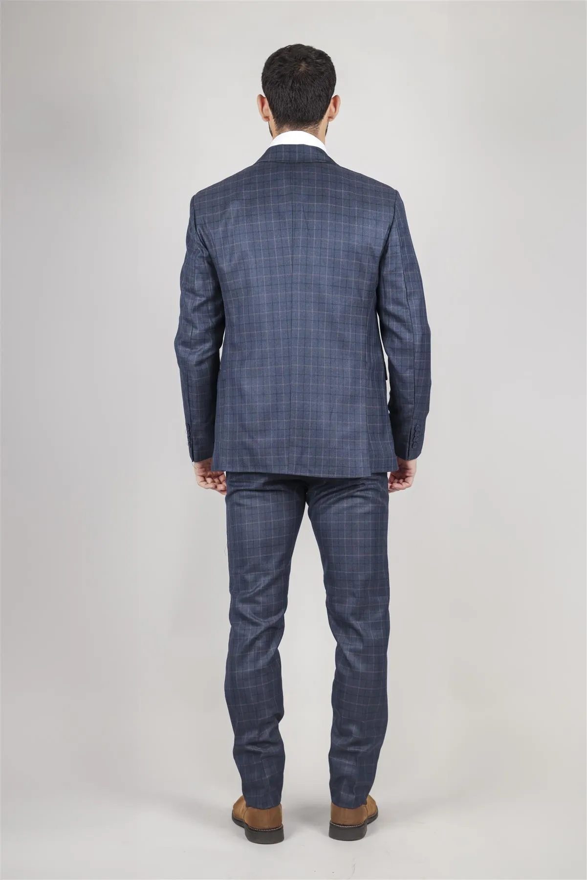 Men's Blue Suit Prince Of Wales Check Tailored Fit 3 Piece Formal Dress