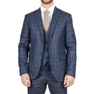 Men's Blue Suit Prince Of Wales Check Tailored Fit 3 Piece Formal Dress