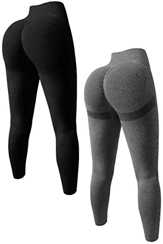 OQQ Women's 2 Piece Butt Lifting Yoga Legging Workout High Waist Tummy Control Ruched Booty Pant, Black Grey, Large