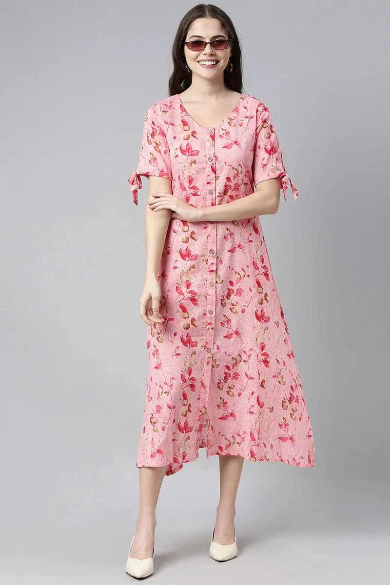 Pink Cotton Floral Printed A-Line Midi Dress