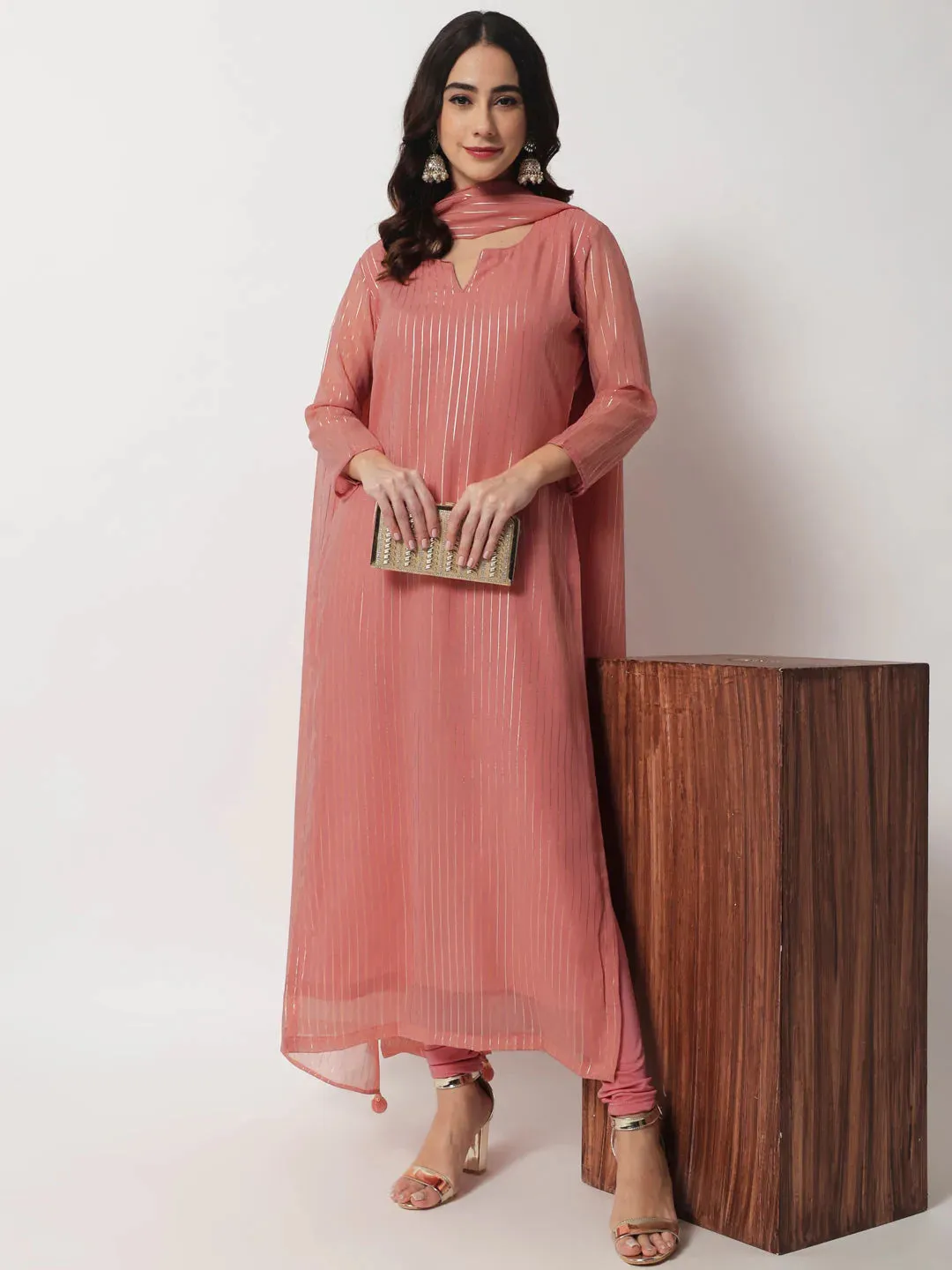 Pink Georgette Foil Lines Kurta Dupatta with Cotton Chudidar