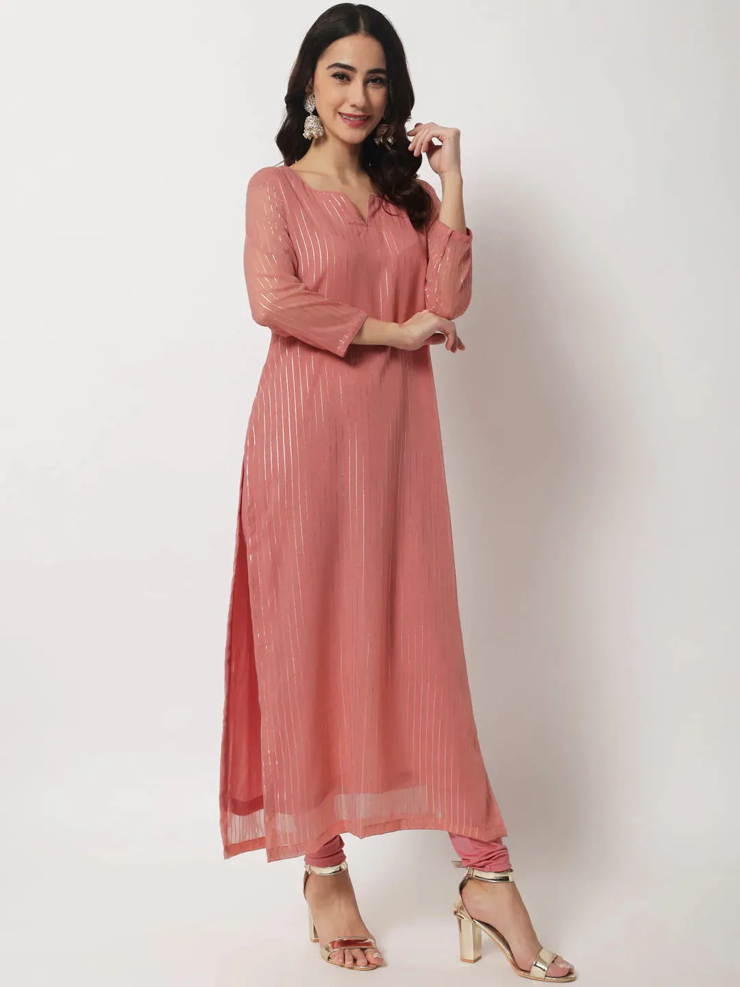 Pink Georgette Foil Lines Kurta Dupatta with Cotton Chudidar