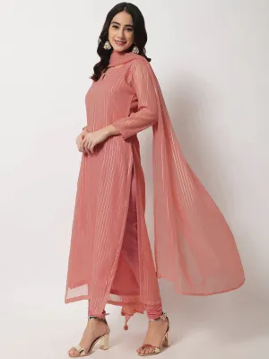 Pink Georgette Foil Lines Kurta Dupatta with Cotton Chudidar