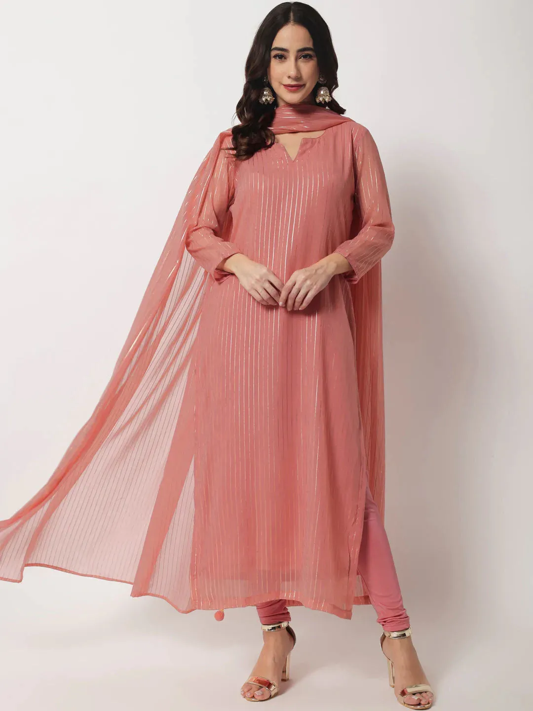 Pink Georgette Foil Lines Kurta Dupatta with Cotton Chudidar