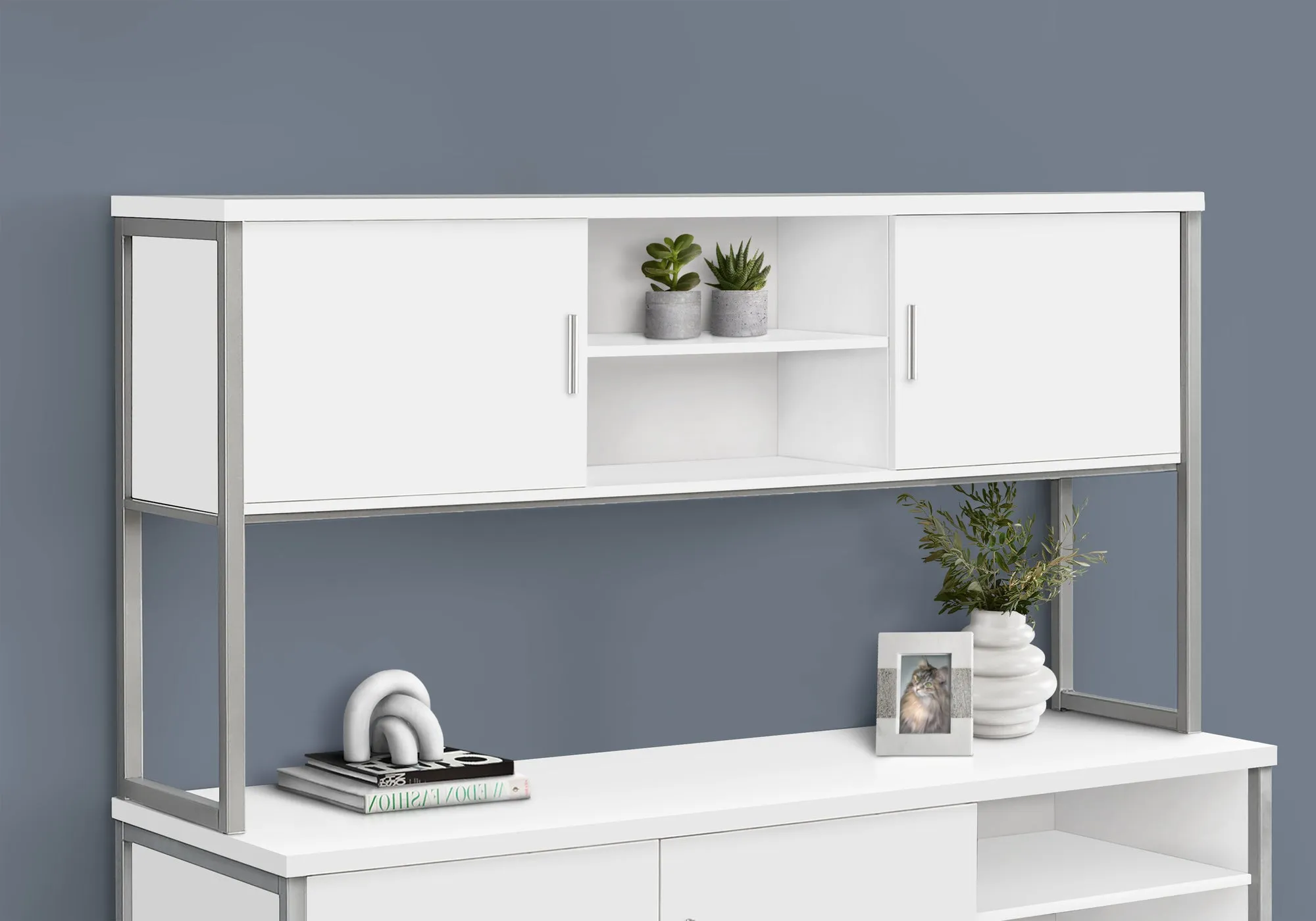 ProElite Office Hutch - 72” Contemporary White Laminate with Silver Accents