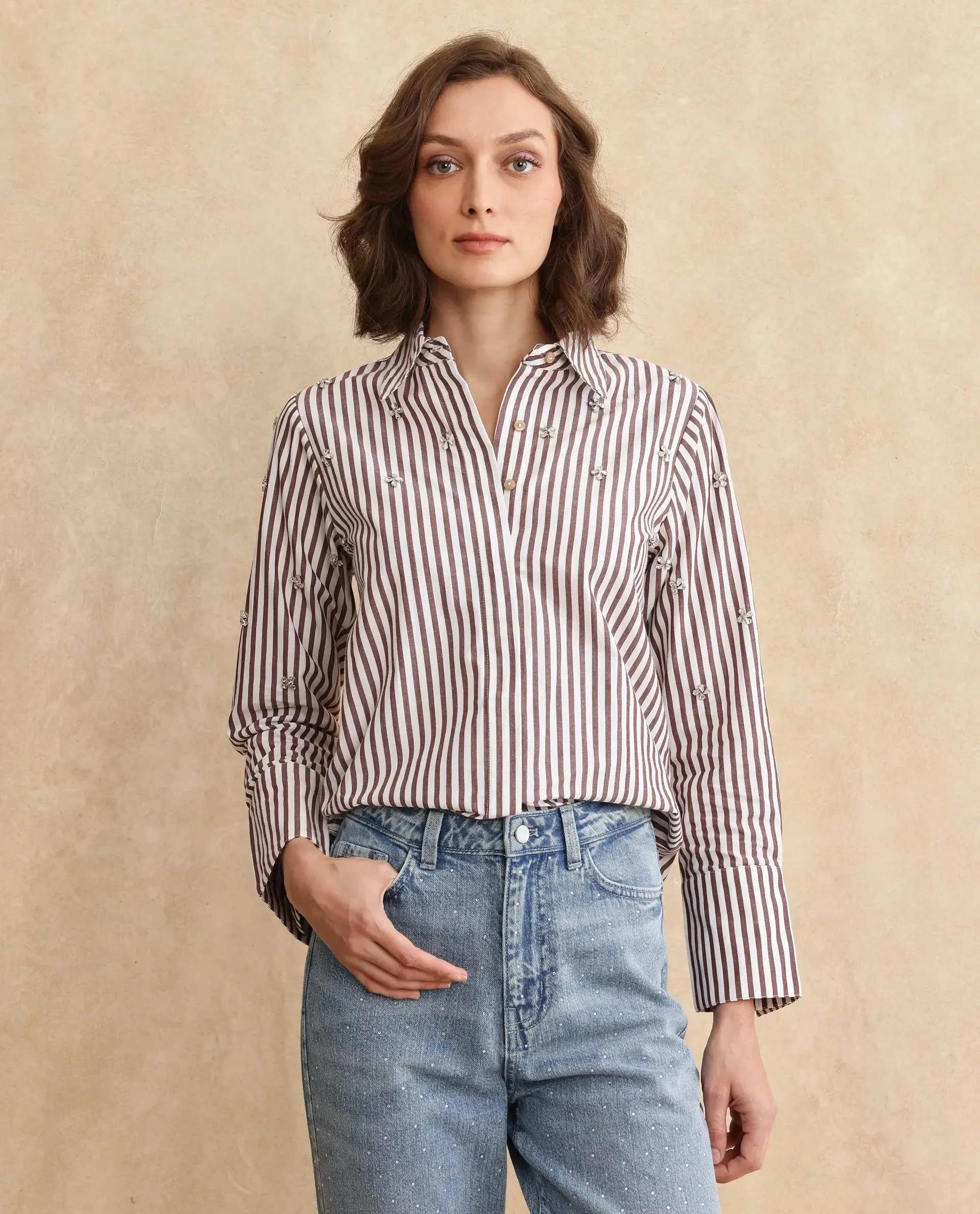 Rareism Women Fitto Rust Cotton Fabric Cuffed Sleeve Collared Neck Button Closure Narrow Stripes Shirt