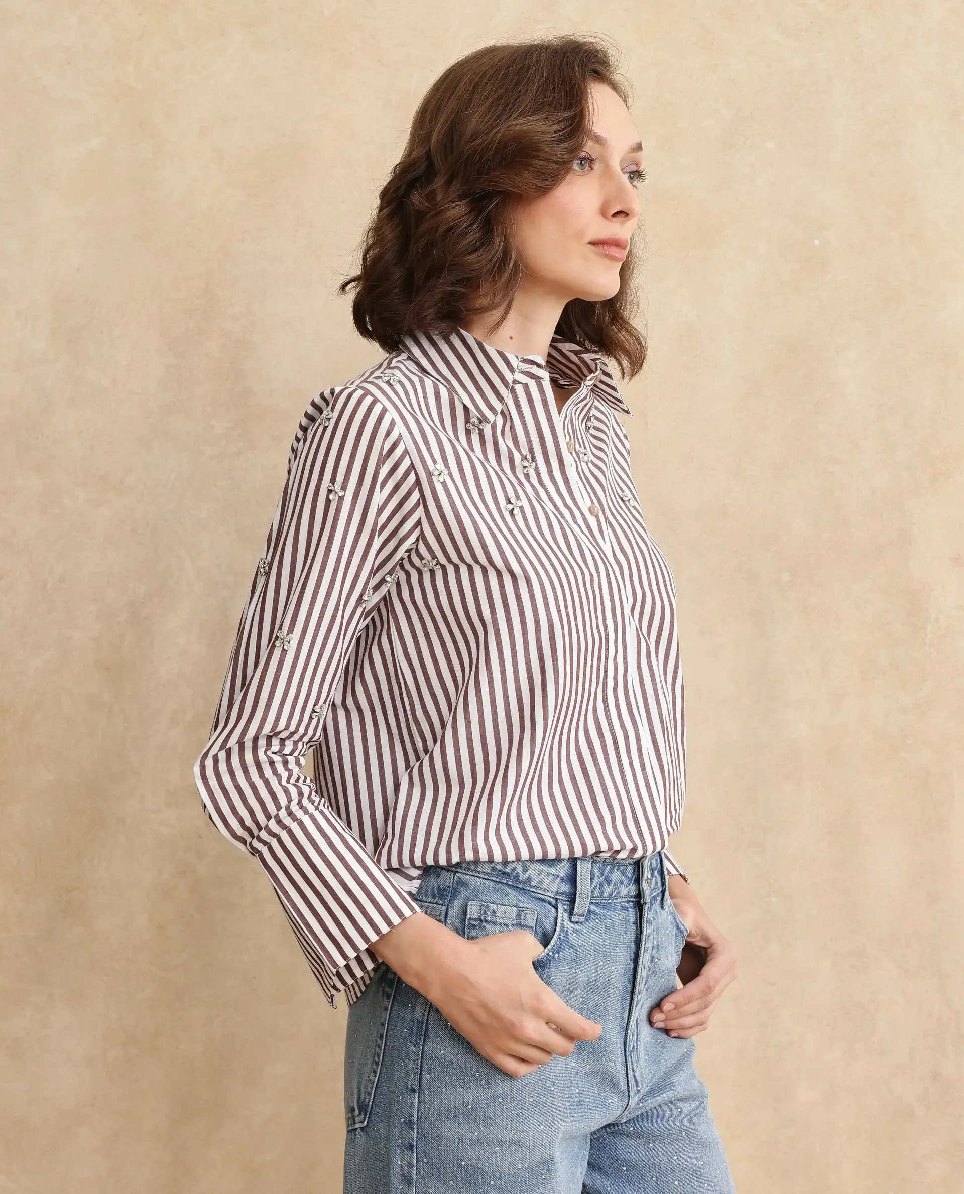 Rareism Women Fitto Rust Cotton Fabric Cuffed Sleeve Collared Neck Button Closure Narrow Stripes Shirt