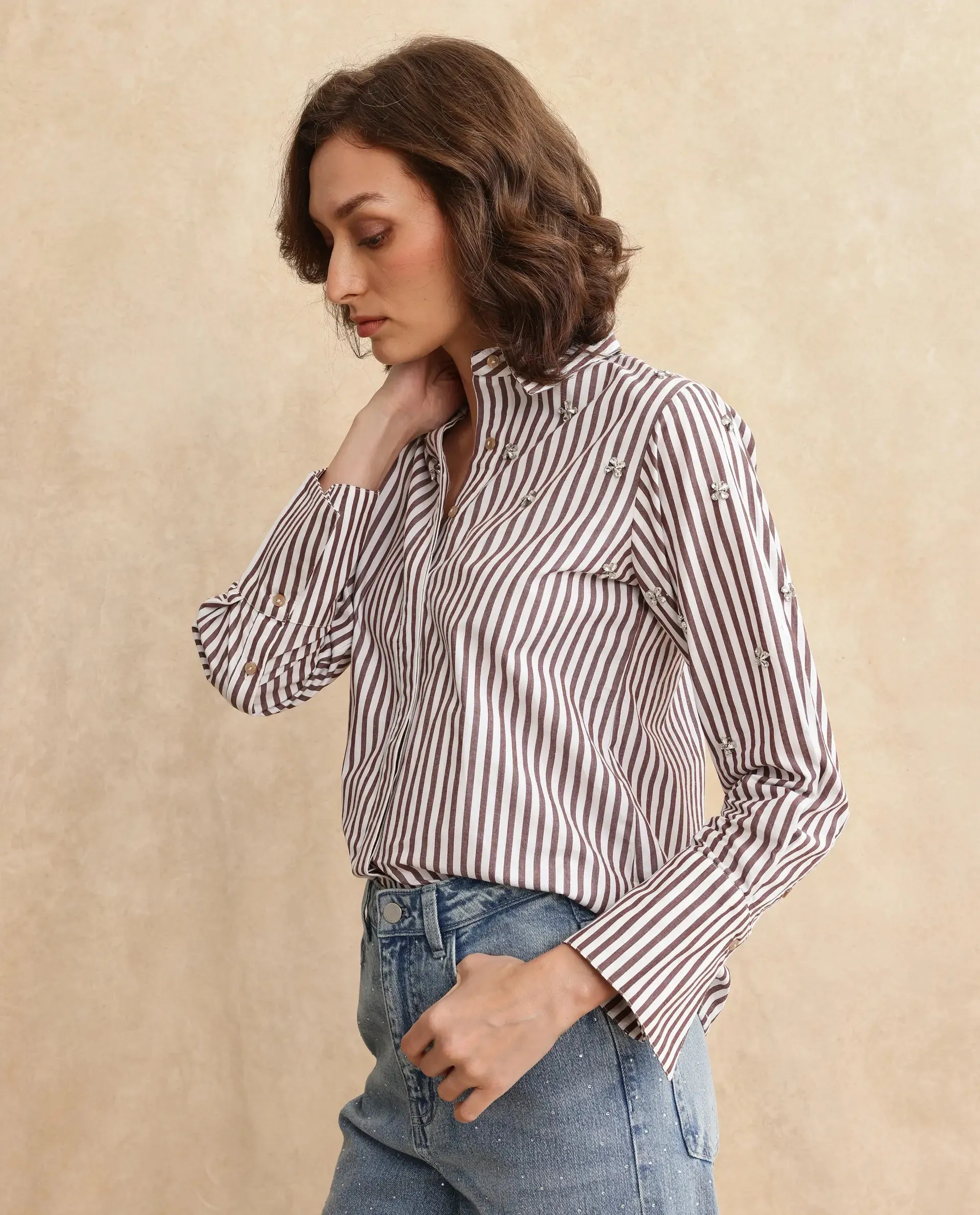 Rareism Women Fitto Rust Cotton Fabric Cuffed Sleeve Collared Neck Button Closure Narrow Stripes Shirt